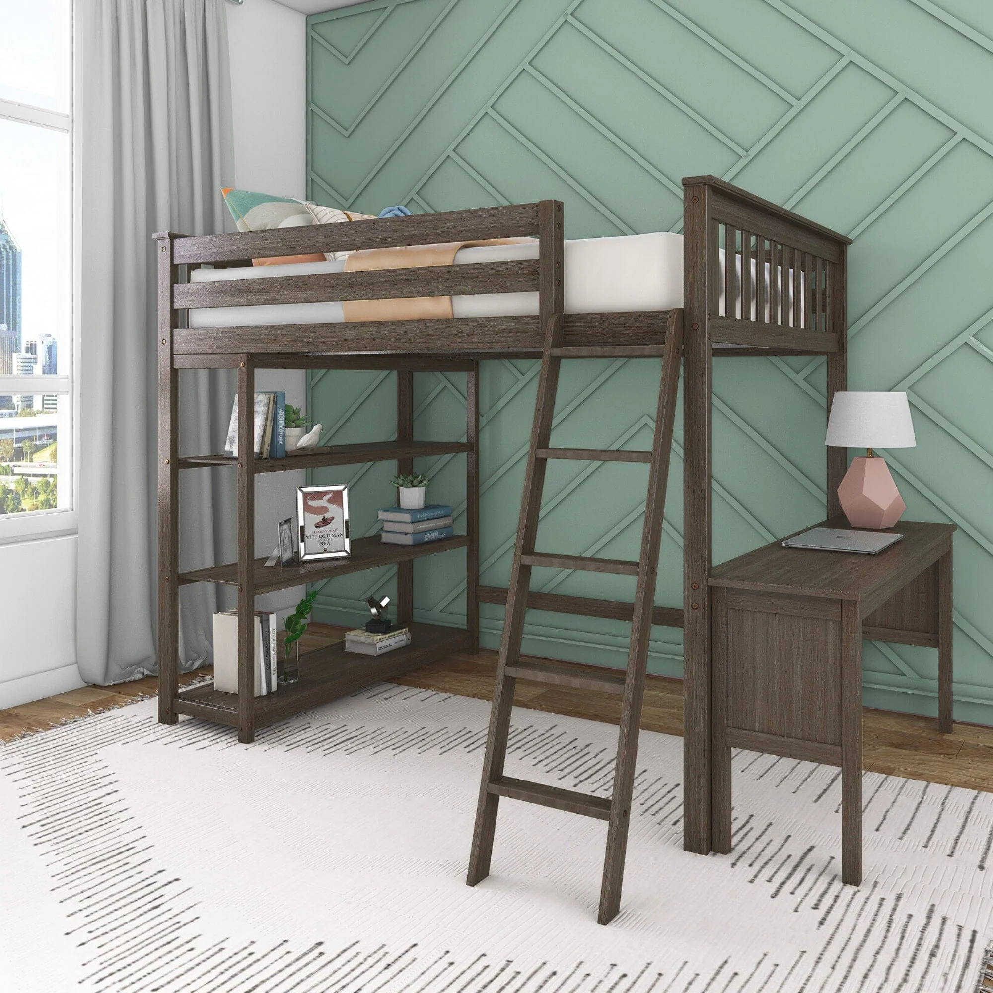 Full Loft Bed With Bookcase & Desk - Image 4