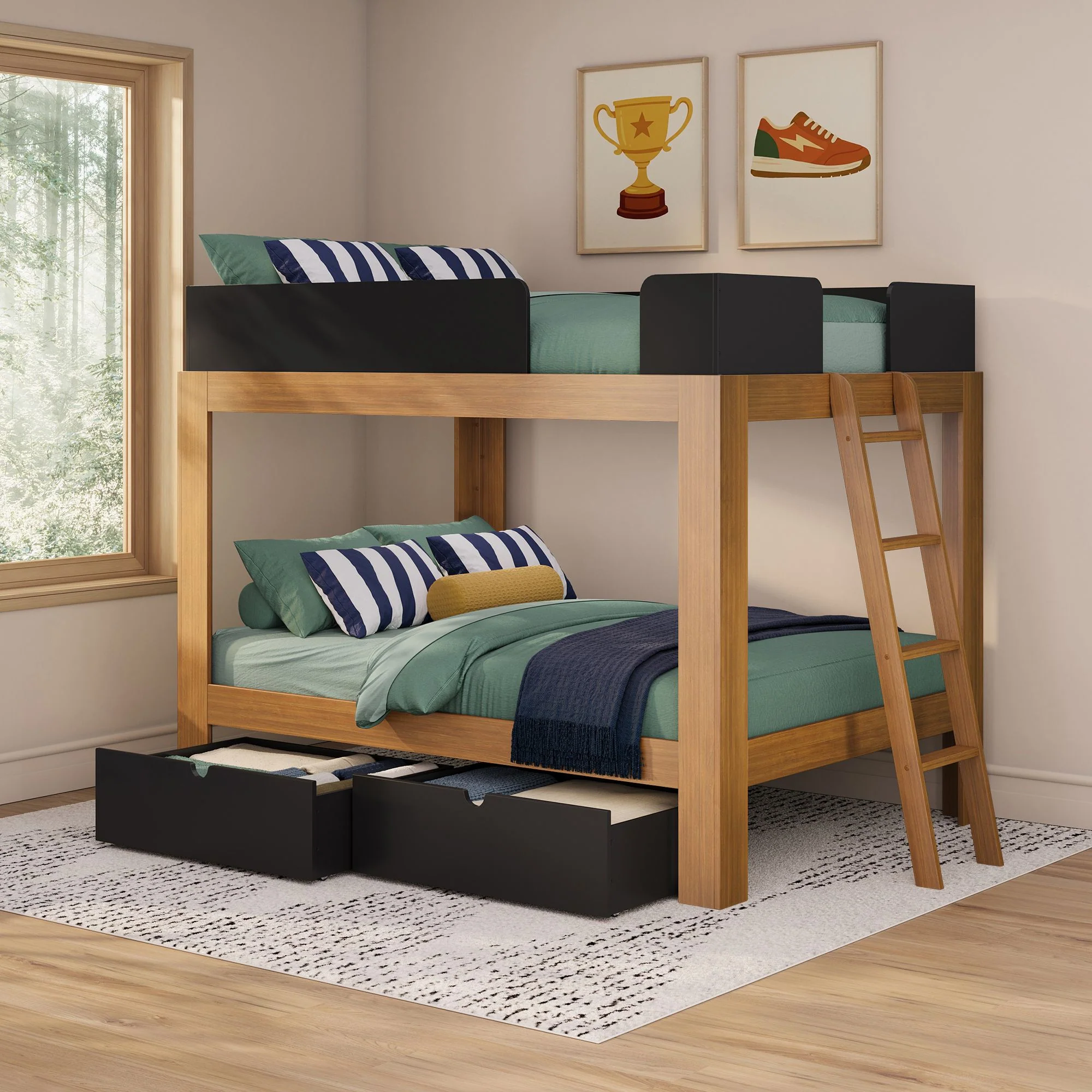 Mid-Century Modern Full Over Full Bunk Bed With Storage Drawers - Image 3