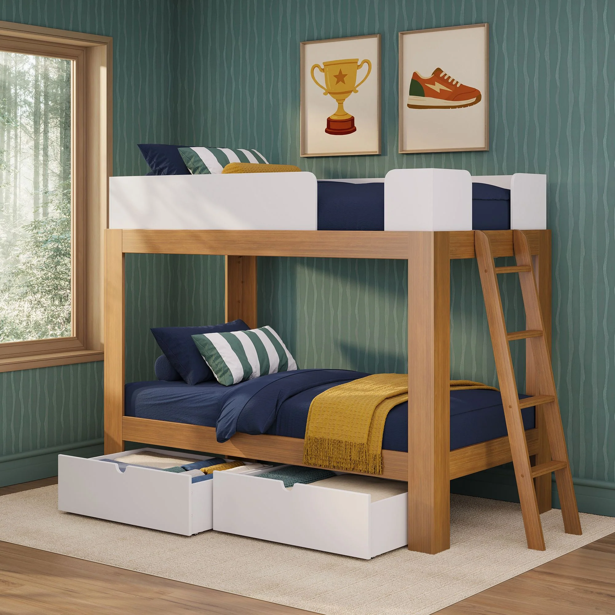 Mid-Century Modern Twin Over Twin Bunk Bed With Storage Drawers - Image 4