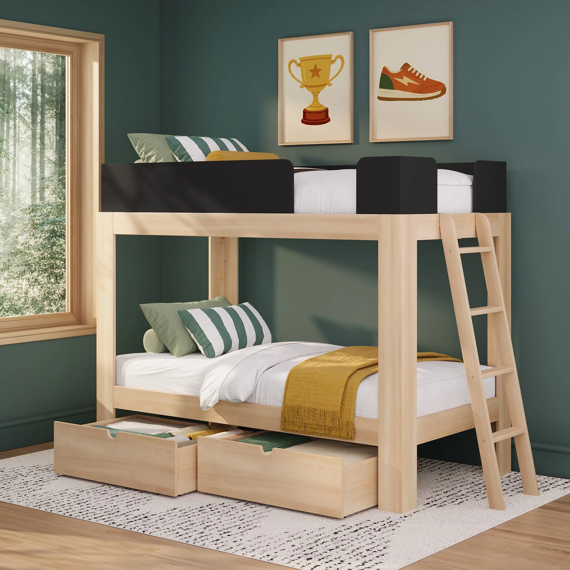 Mid-Century Modern Twin Over Twin Bunk Bed With Storage Drawers - Image 2