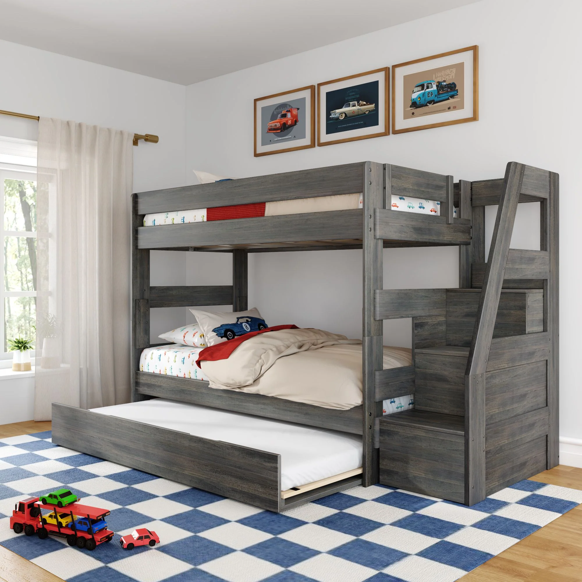 Modern Farmhouse Twin Over Twin Bunk Bed With Stairs & Trundle - Image 2