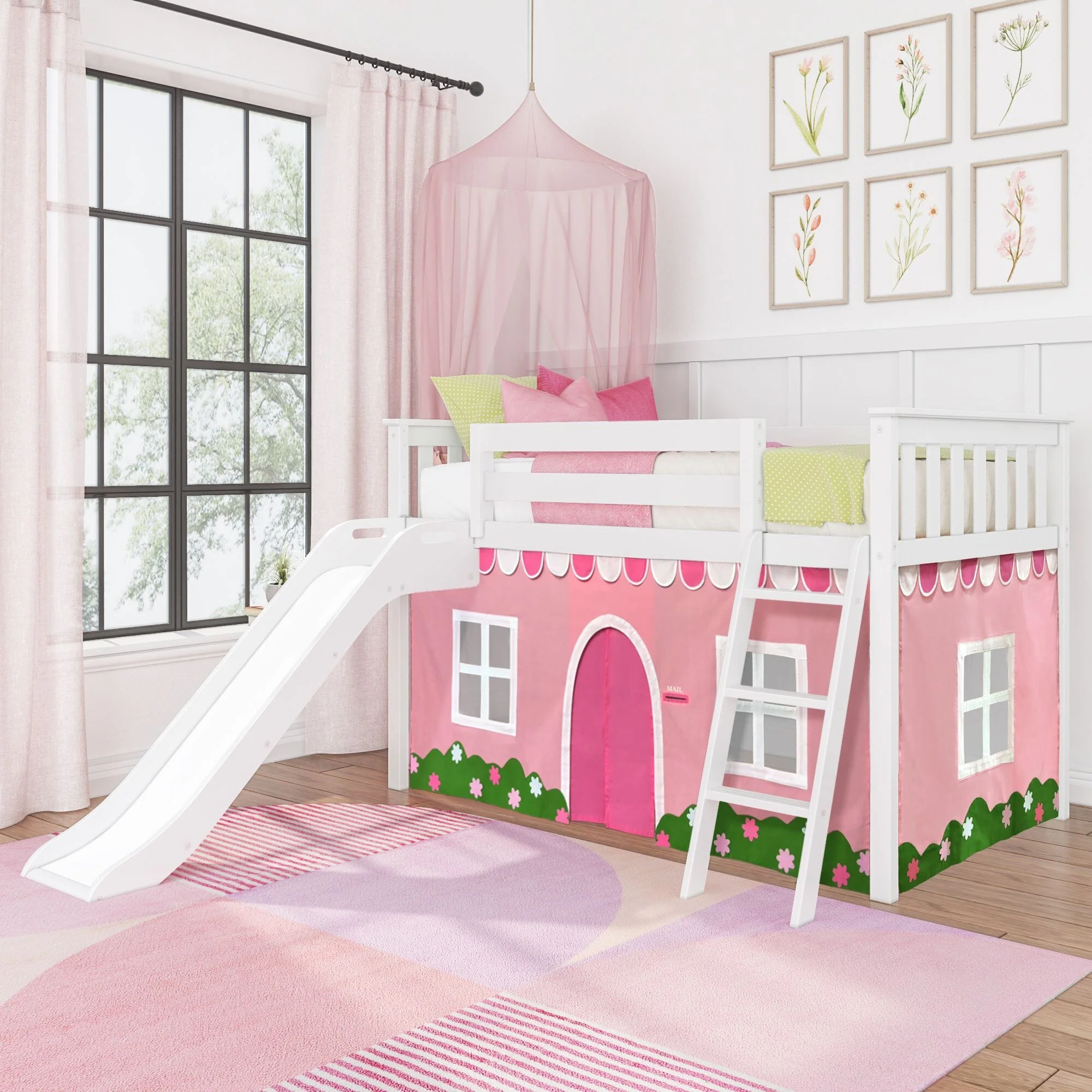 (Combined Listing) Twin Low Loft Bed with Slide & Curtain - Image 4