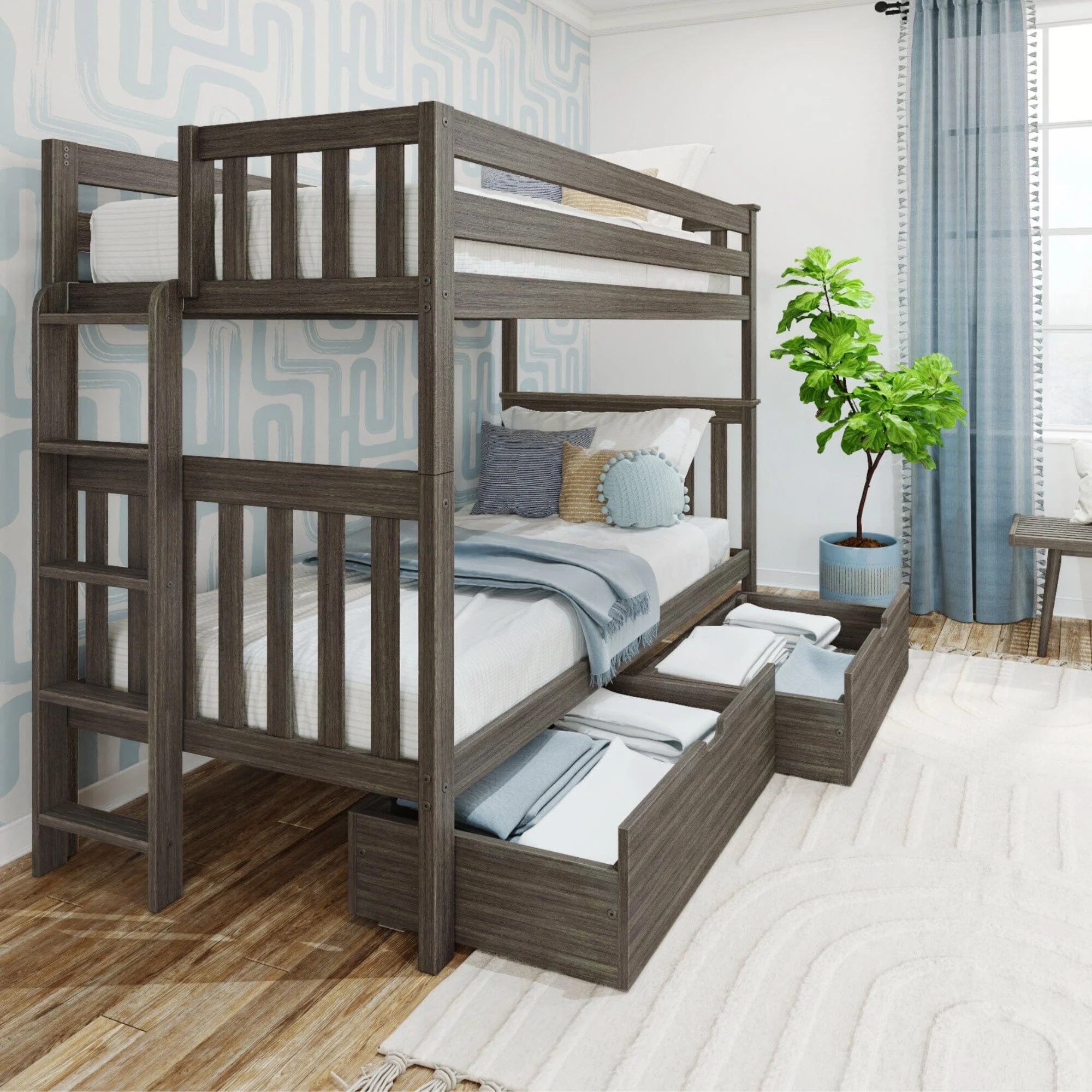 Twin Over Twin Bunk Bed With Storage Drawers & Ladder on End - Image 3