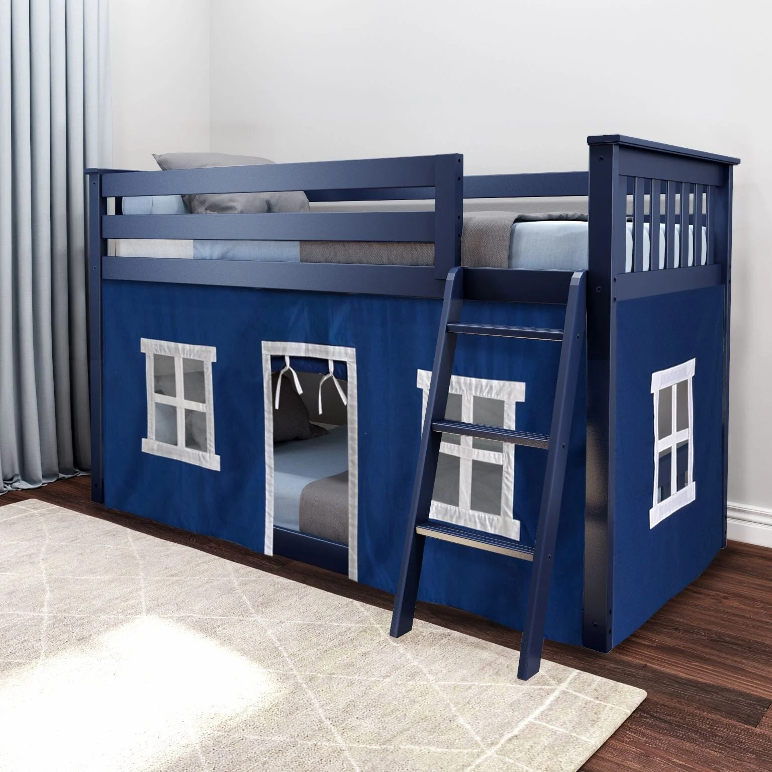 Twin Over Twin Low Bunk Bed With Curtain - Image 7