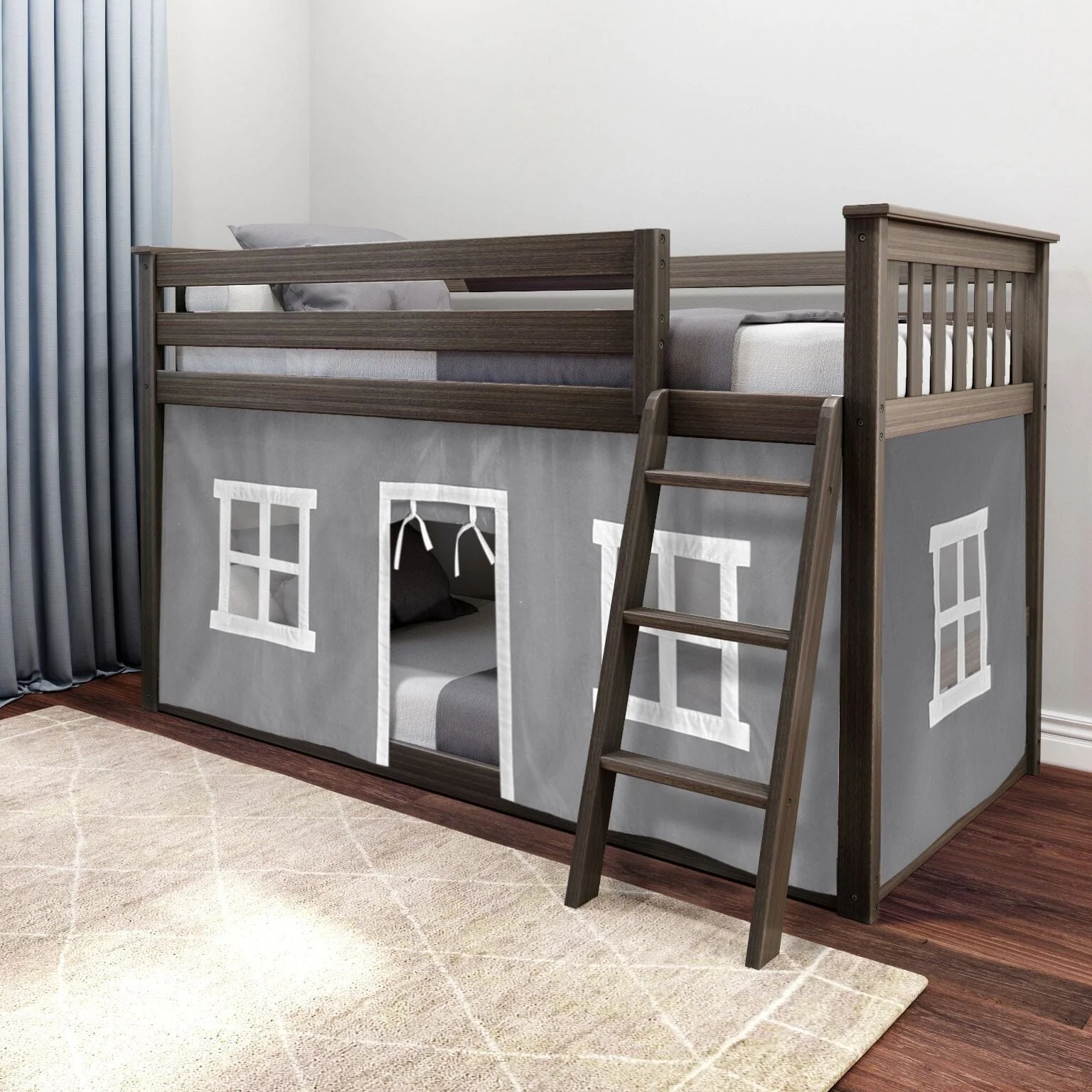 Twin Over Twin Low Bunk Bed With Curtain - Image 15