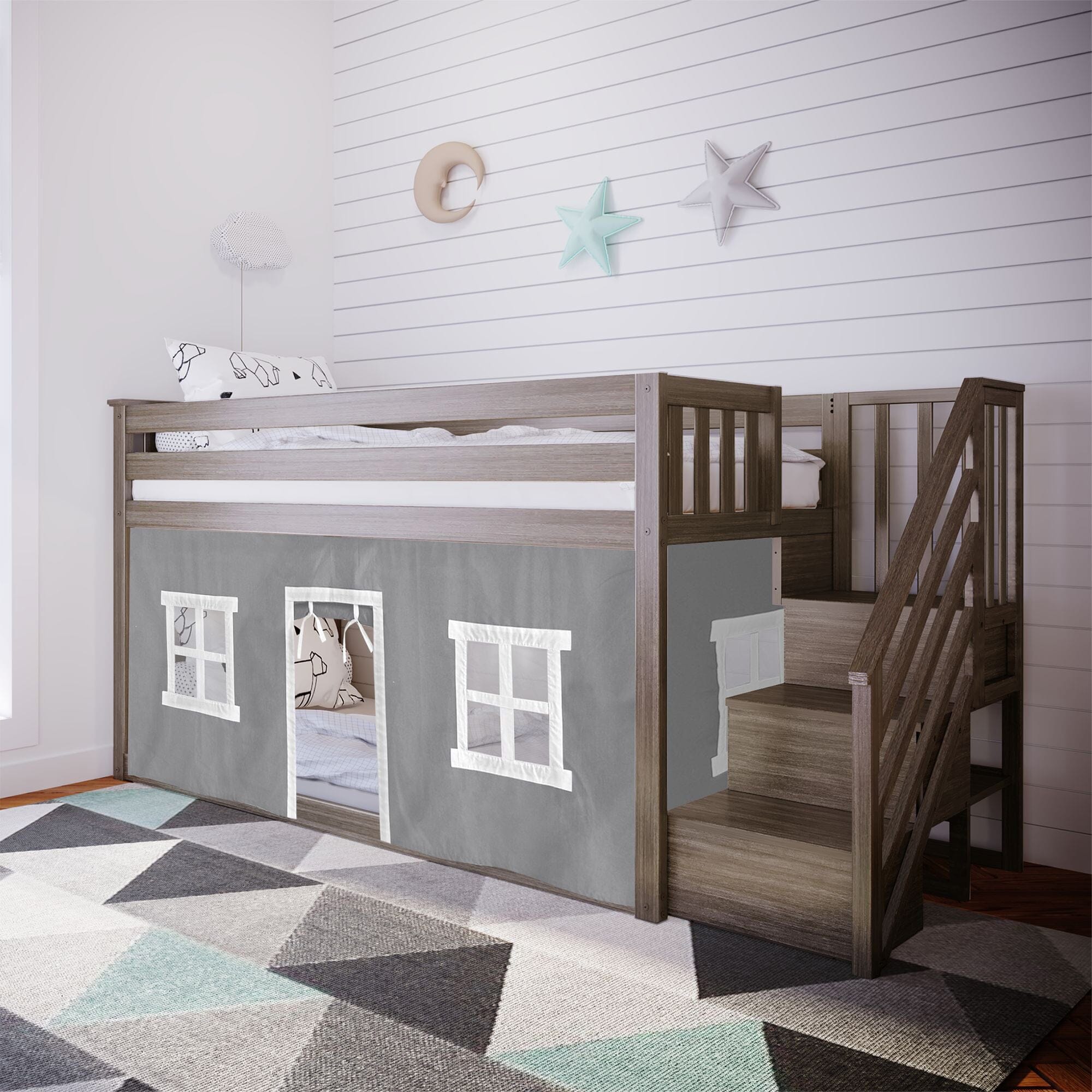 Twin Over Twin Low Bunk Bed With Staircase & Curtains - Image 7