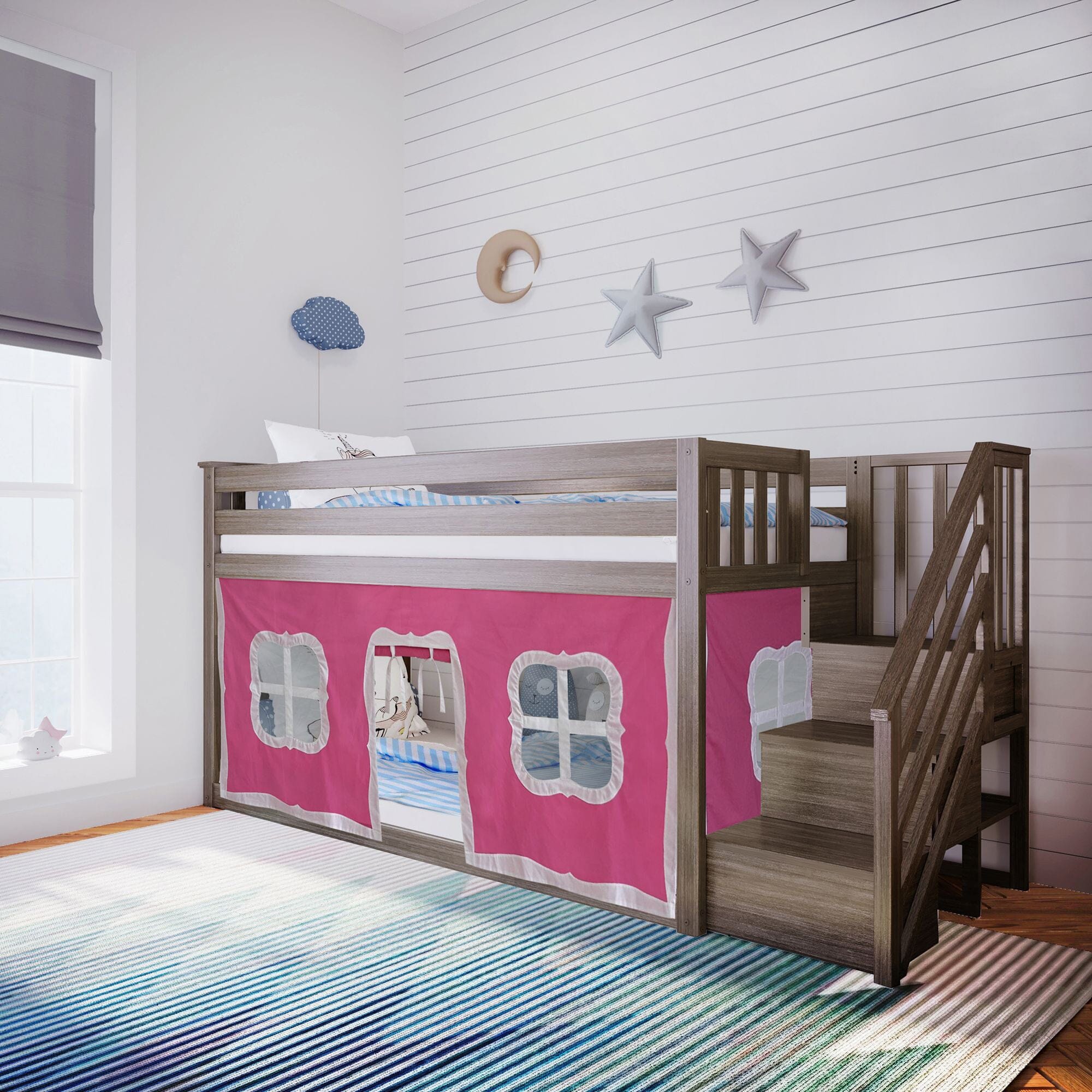 Twin Over Twin Low Bunk Bed With Staircase & Curtains - Image 4