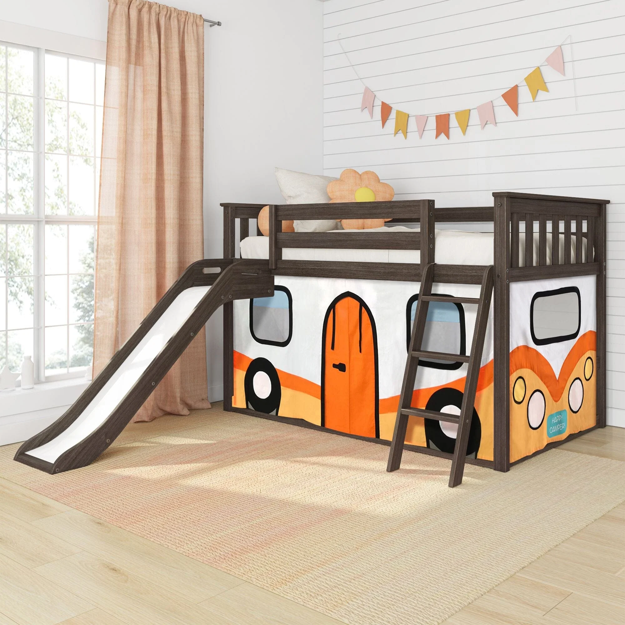 Twin Over Twin Low Bunk Bed with Slide & Camper Van Curtain - Image 2