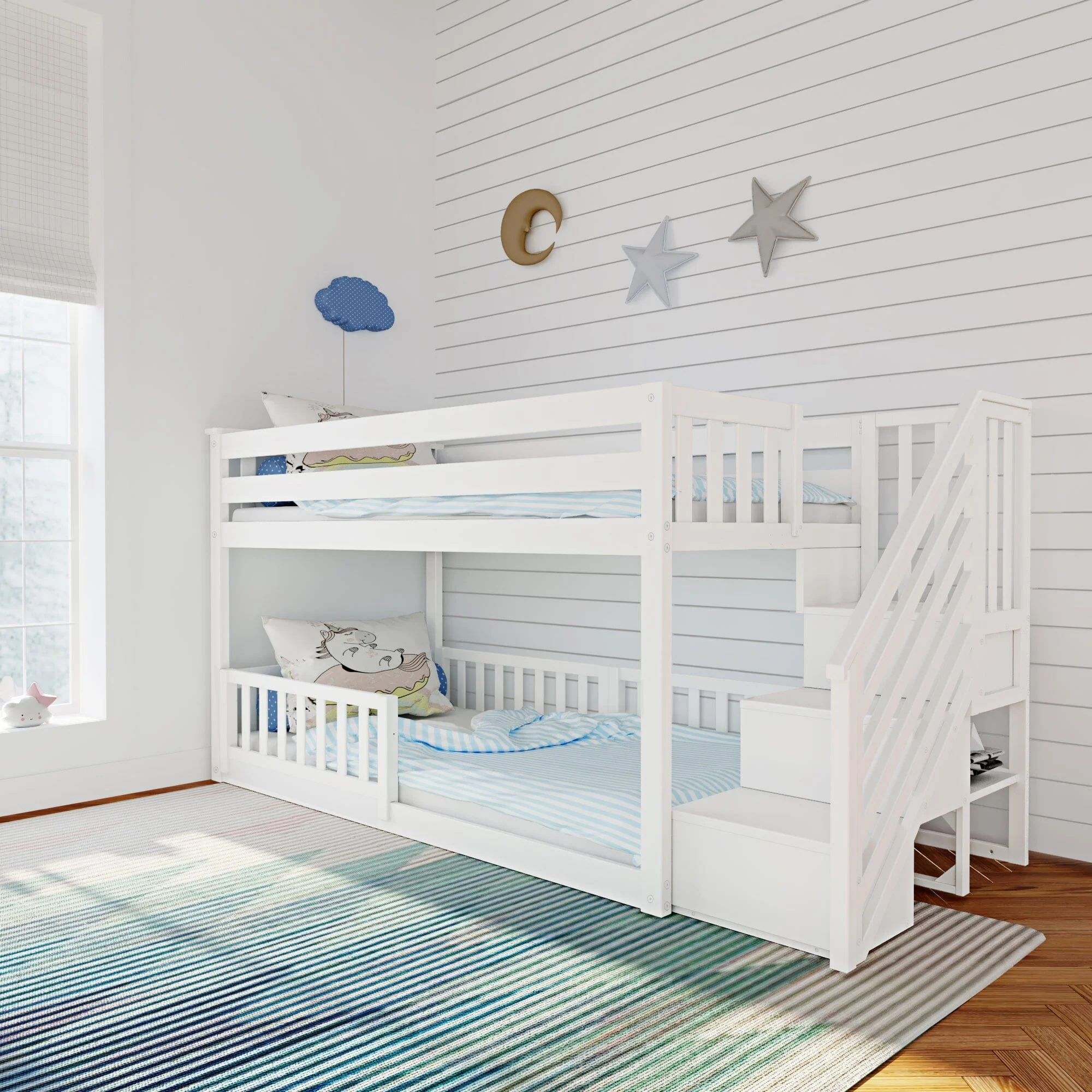 Twin Over Twin Low Bunk Bed With Stairs & Guardrails - Image 3