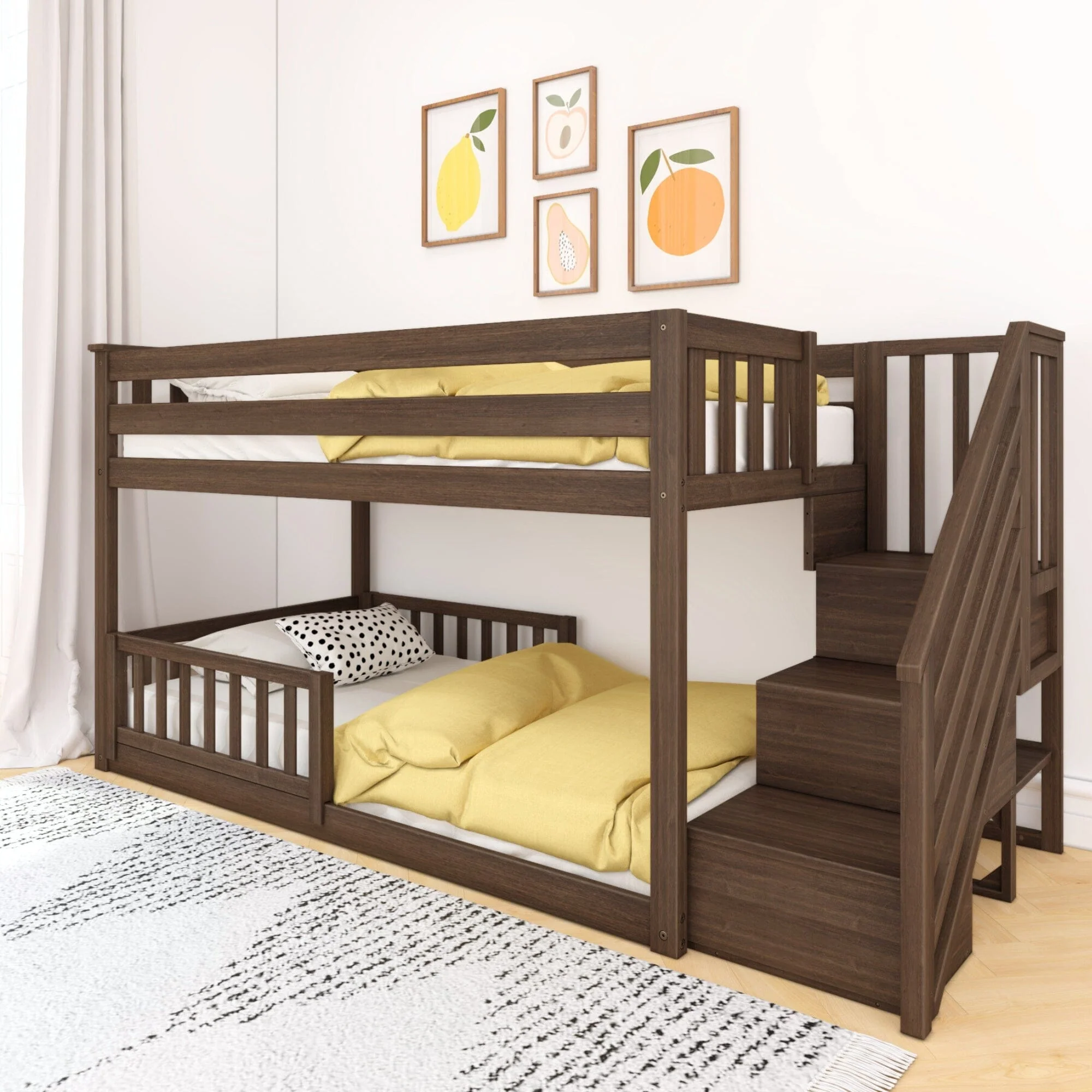 Twin Over Twin Low Bunk Bed With Stairs & Guardrails - Image 11