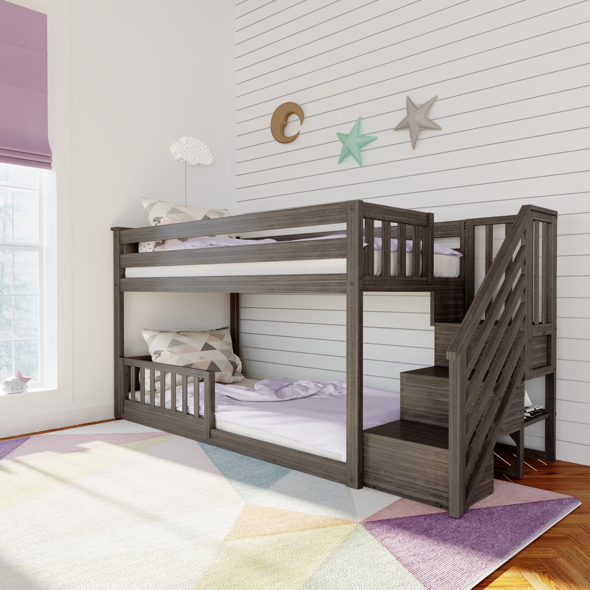 Twin Over Twin Low Bunk Bed With Stairs & Guardrails - Image 4
