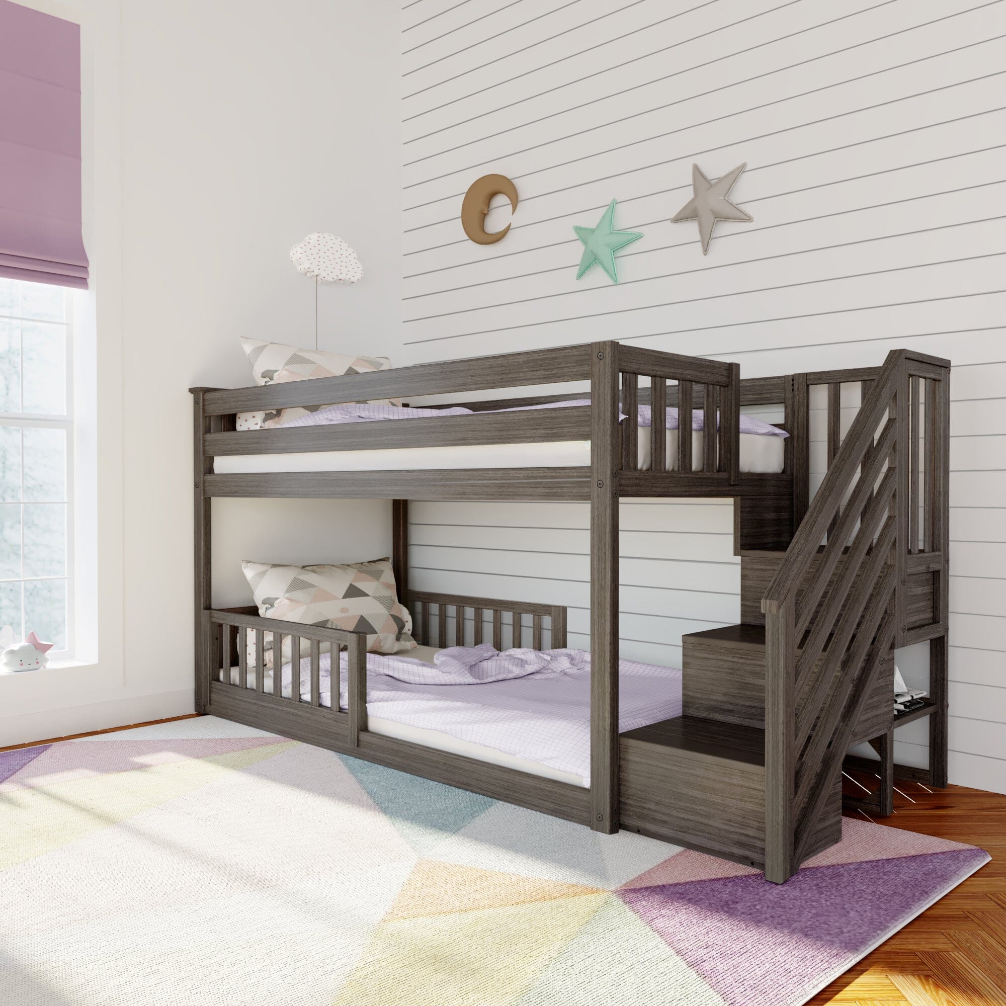 Twin Over Twin Low Bunk Bed With Stairs & Guardrails - Image 5