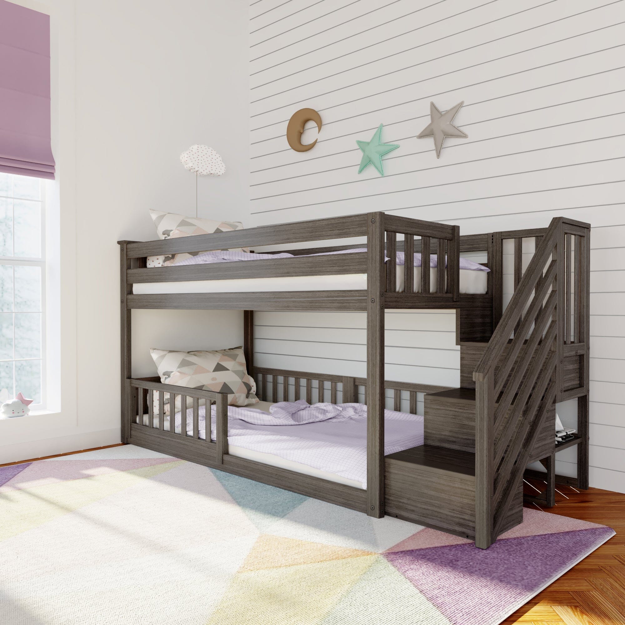 Twin Over Twin Low Bunk Bed With Stairs & Guardrails - Image 6
