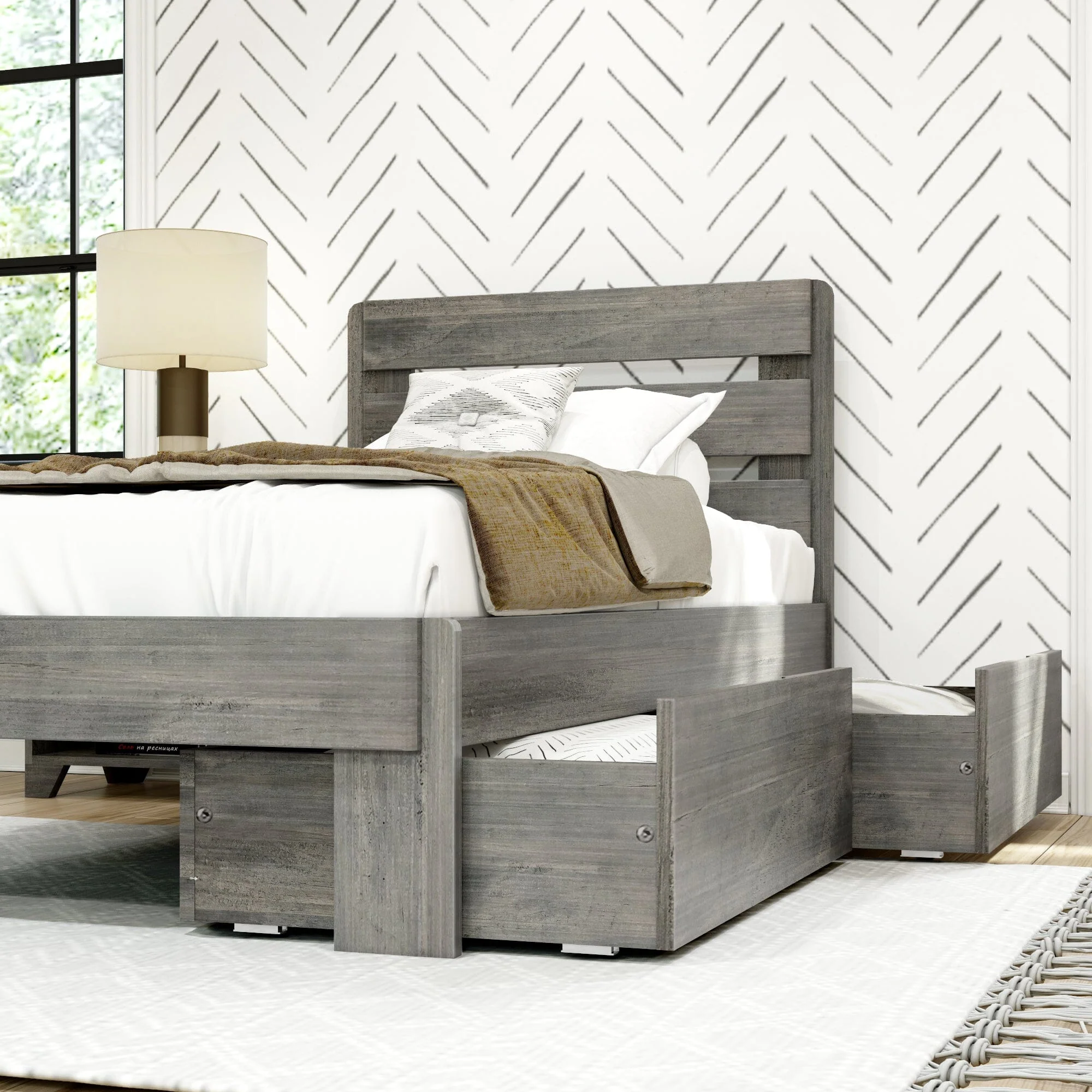 Modern Farmhouse Twin Plank Bed With Storage Drawers - Image 7