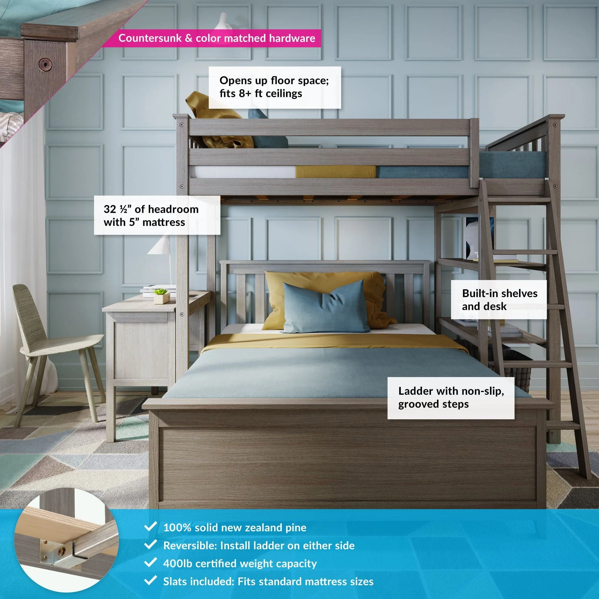 Twin Over Full L-Shaped Bunk Bed With Bookcase & Desk - Image 4