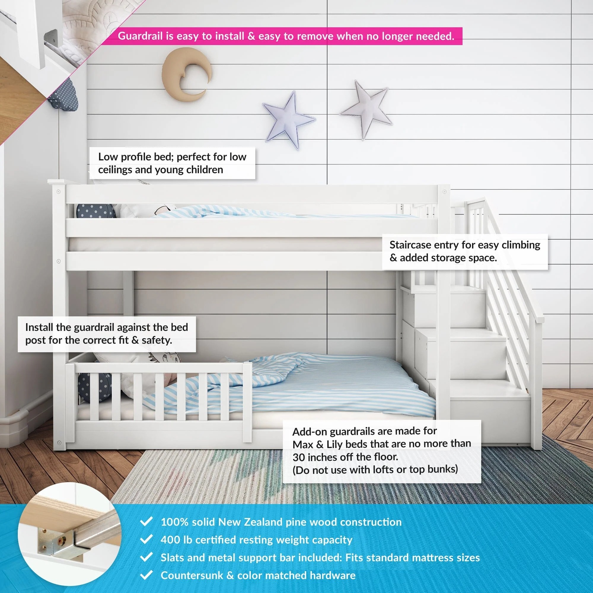 Twin Over Twin Low Bunk Bed With Stairs & Guardrails - Image 13