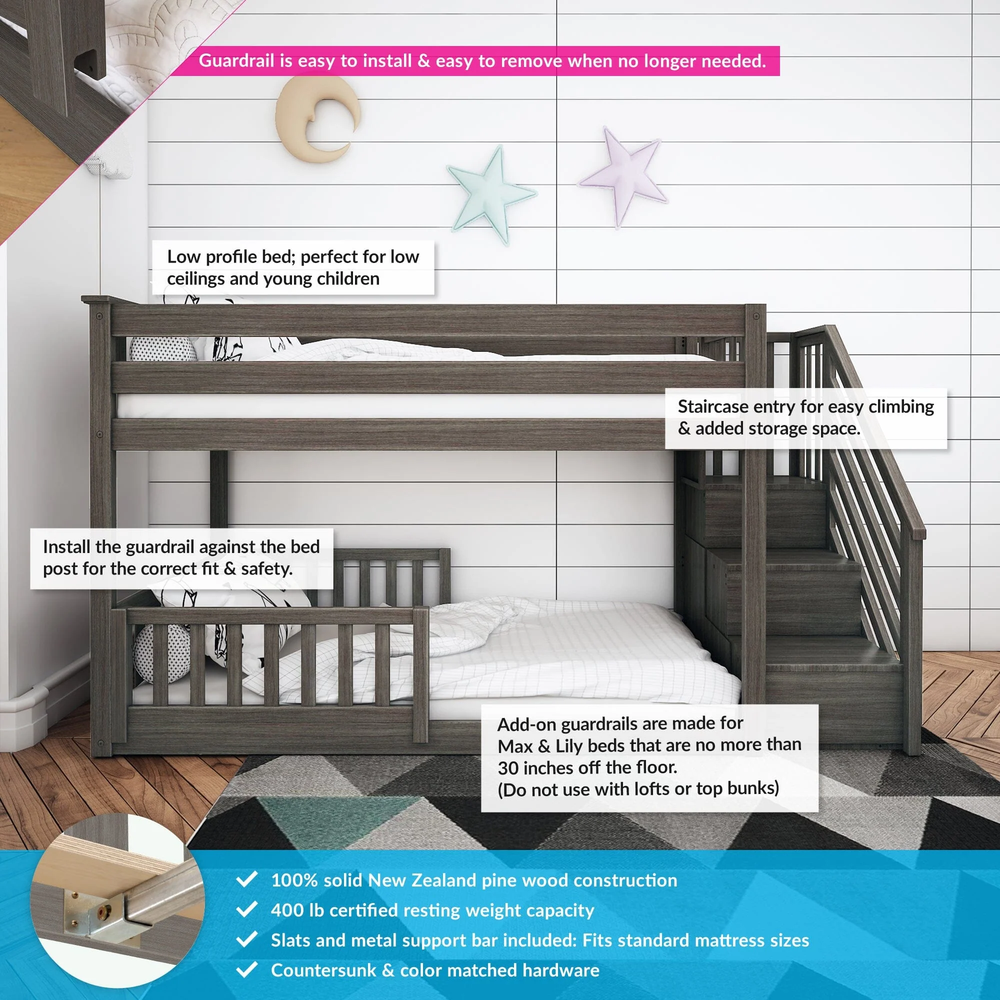 Twin Over Twin Low Bunk Bed With Stairs & Guardrails - Image 17