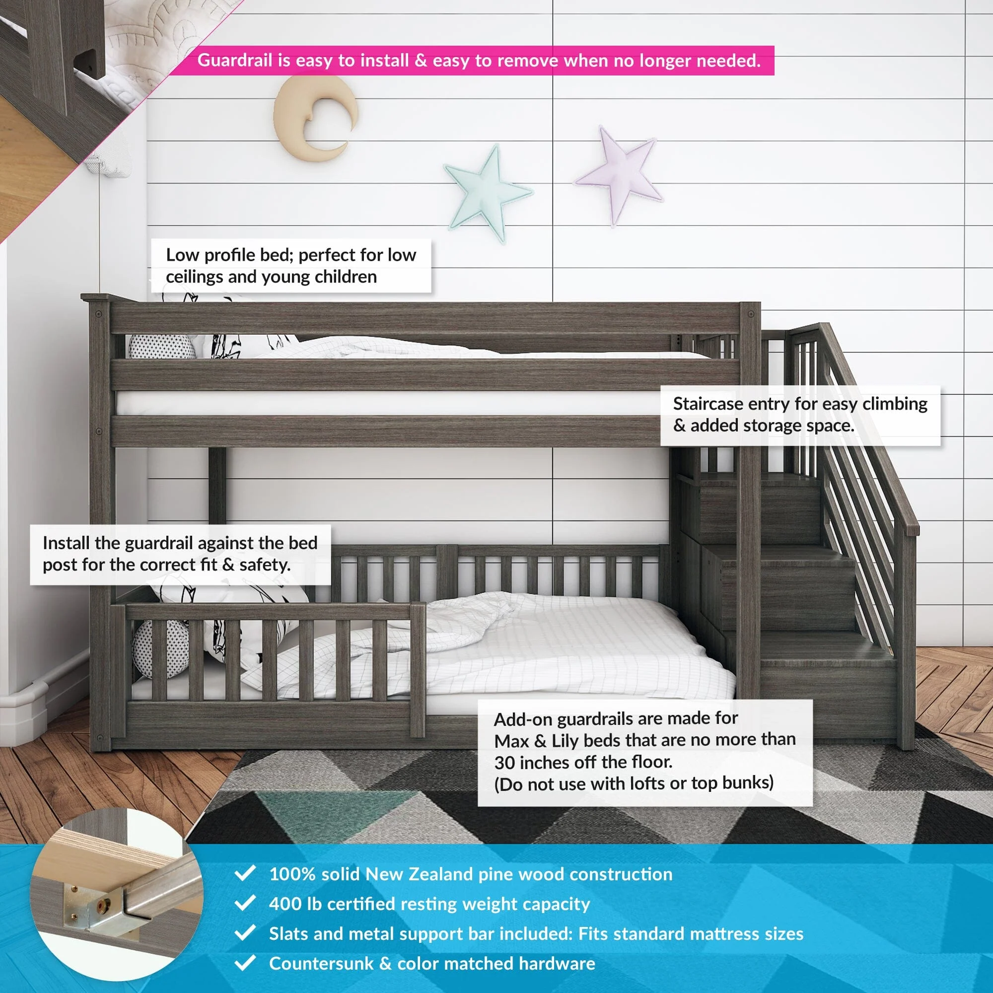 Twin Over Twin Low Bunk Bed With Stairs & Guardrails - Image 18
