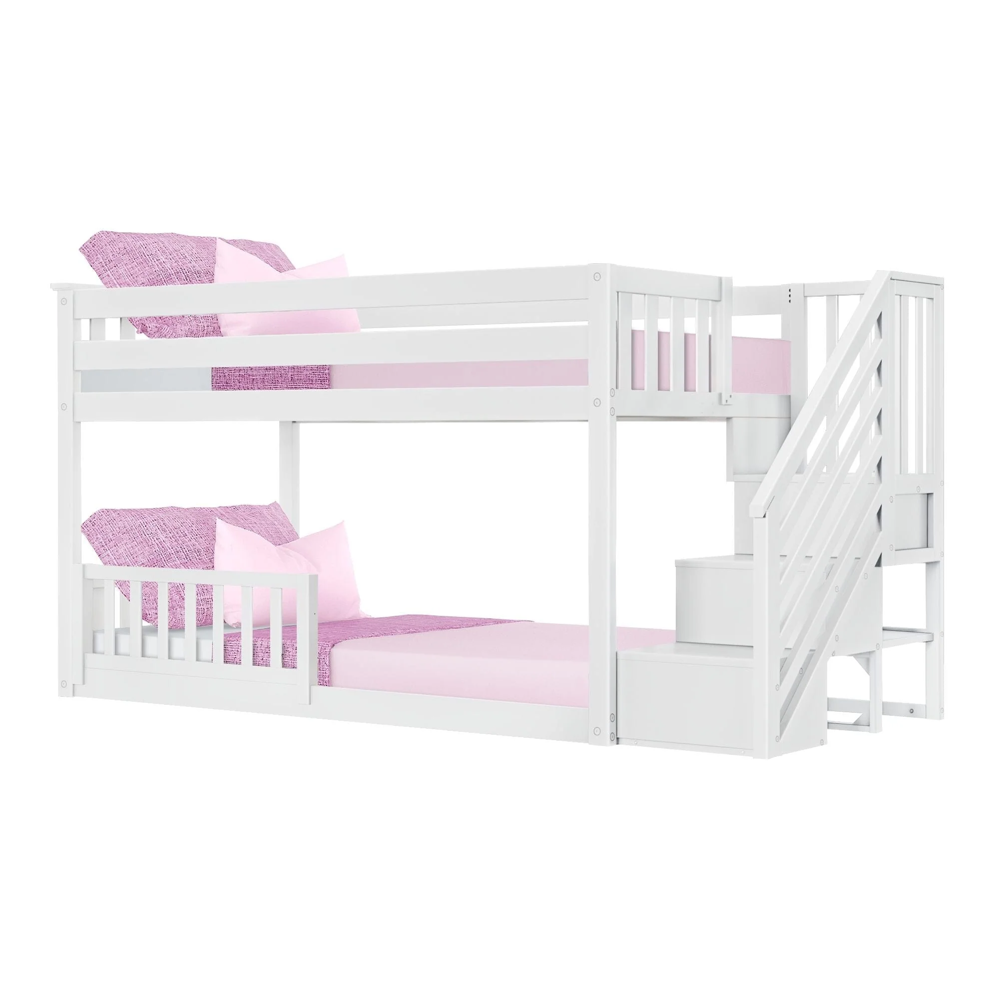 Twin Over Twin Low Bunk Bed With Stairs & Guardrails - Image 25