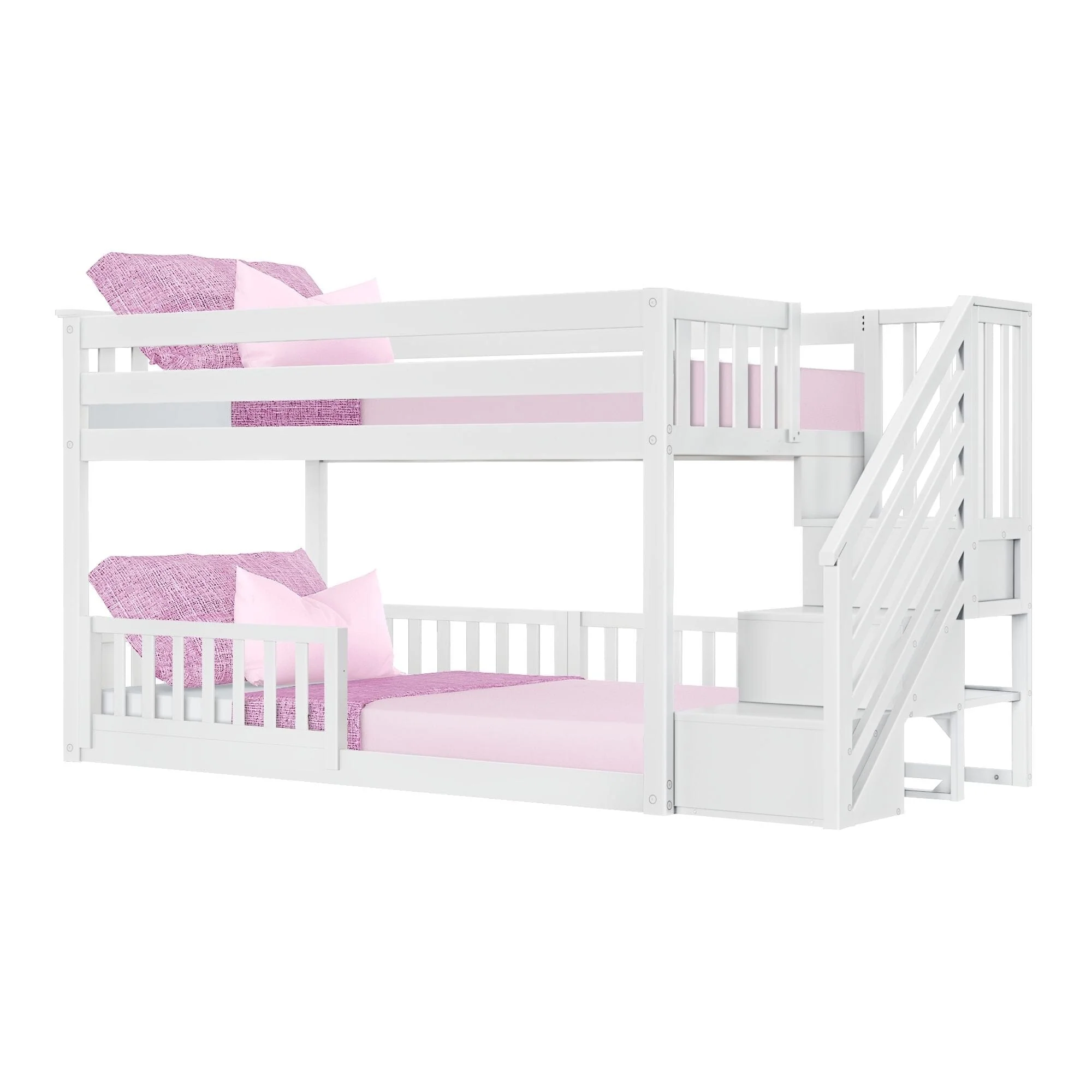 Twin Over Twin Low Bunk Bed With Stairs & Guardrails - Image 27