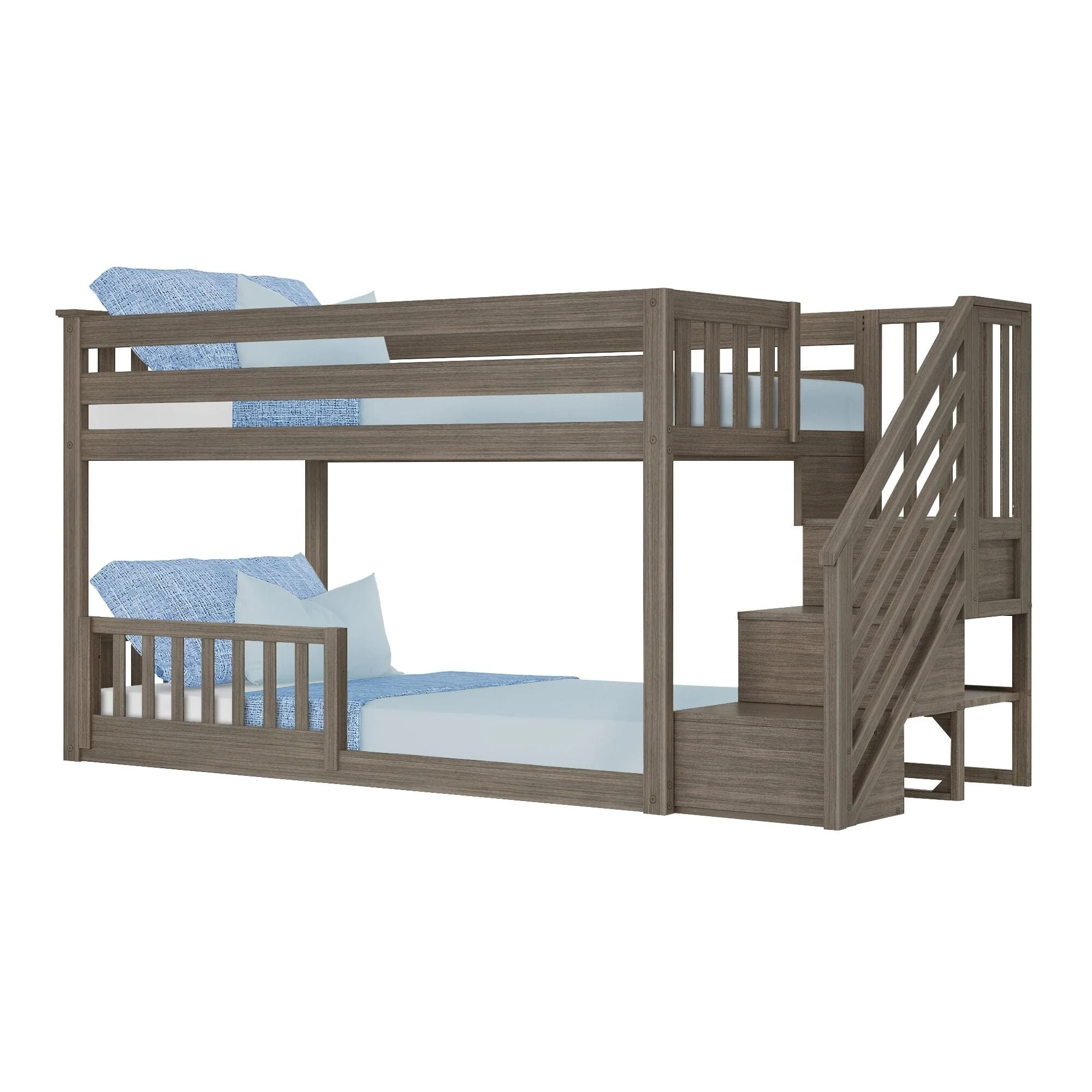 Twin Over Twin Low Bunk Bed With Stairs & Guardrails - Image 28