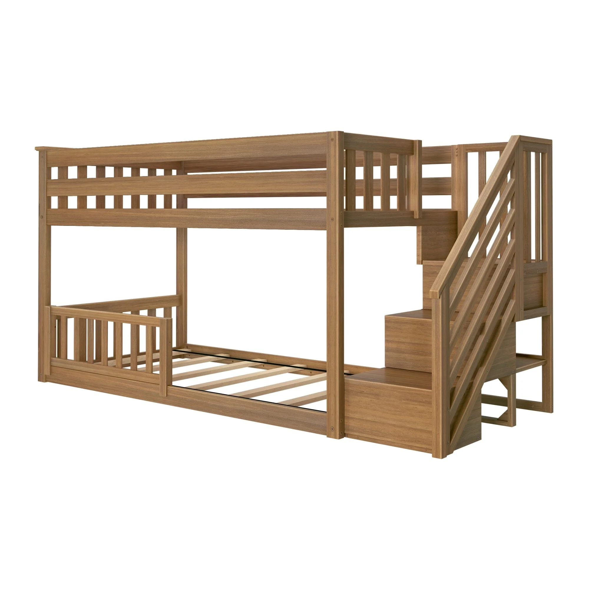 Twin Over Twin Low Bunk Bed With Stairs & Guardrails - Image 32