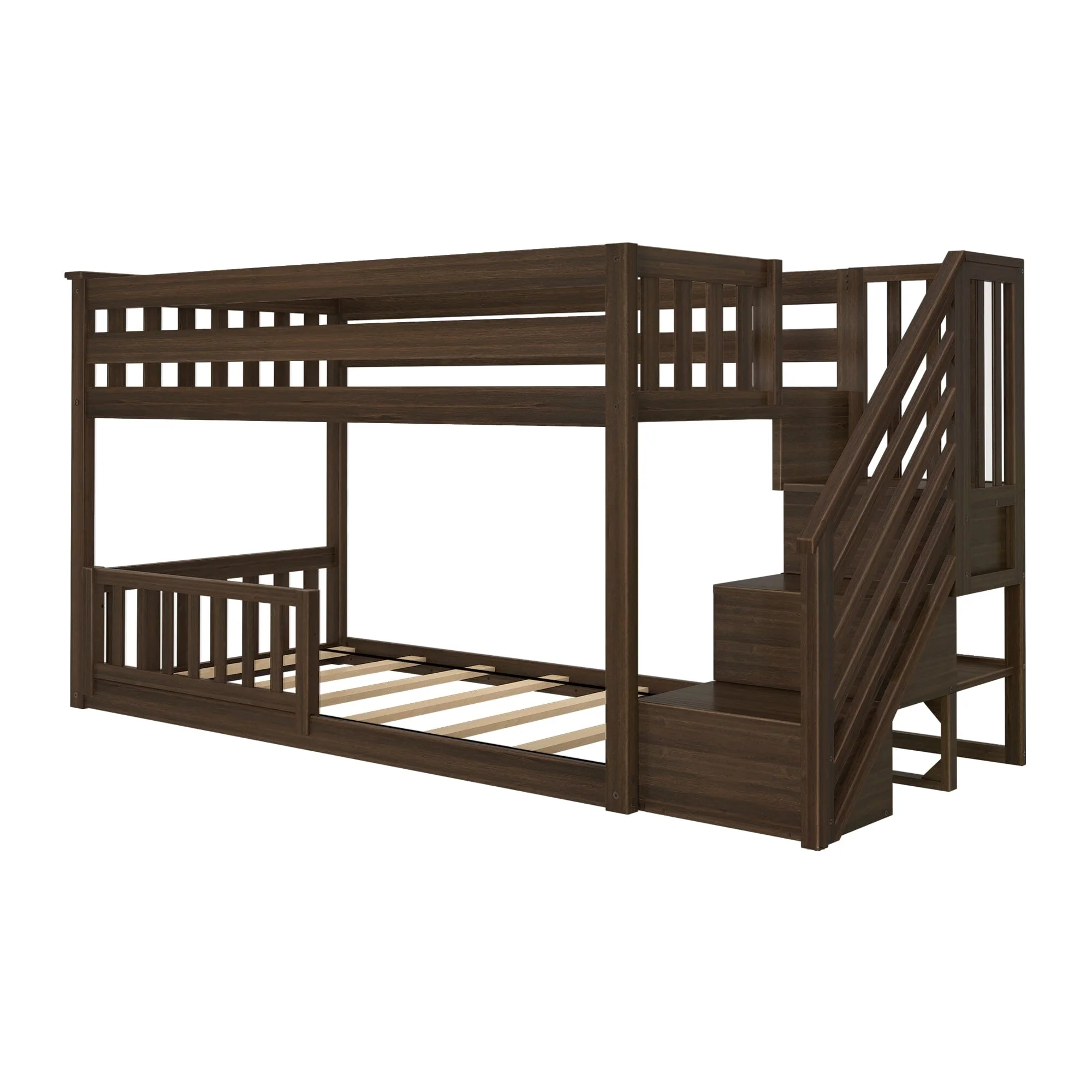 Twin Over Twin Low Bunk Bed With Stairs & Guardrails - Image 34