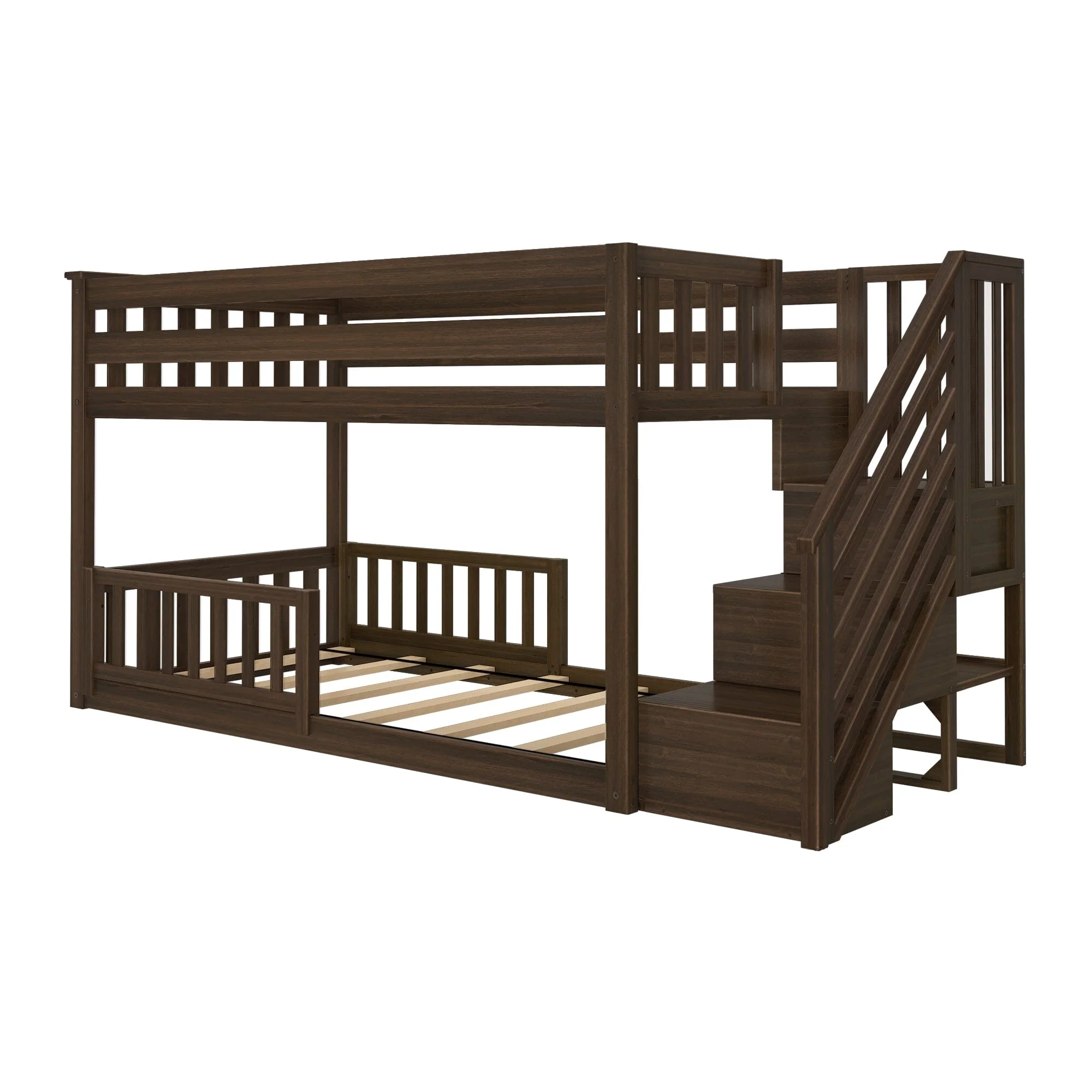 Twin Over Twin Low Bunk Bed With Stairs & Guardrails - Image 35