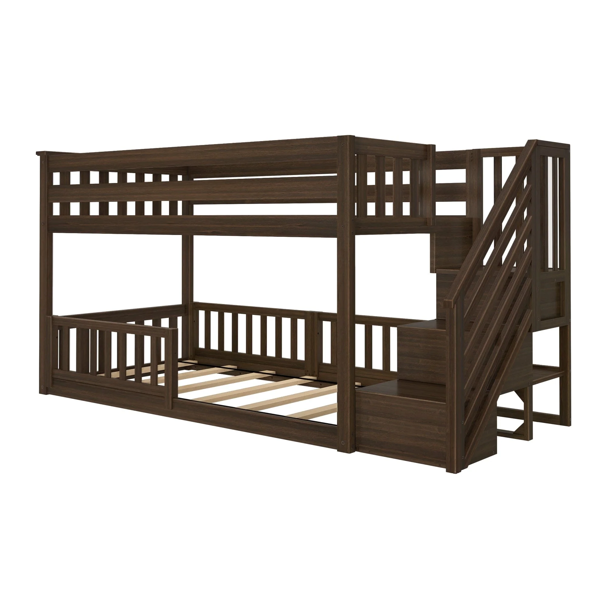 Twin Over Twin Low Bunk Bed With Stairs & Guardrails - Image 36