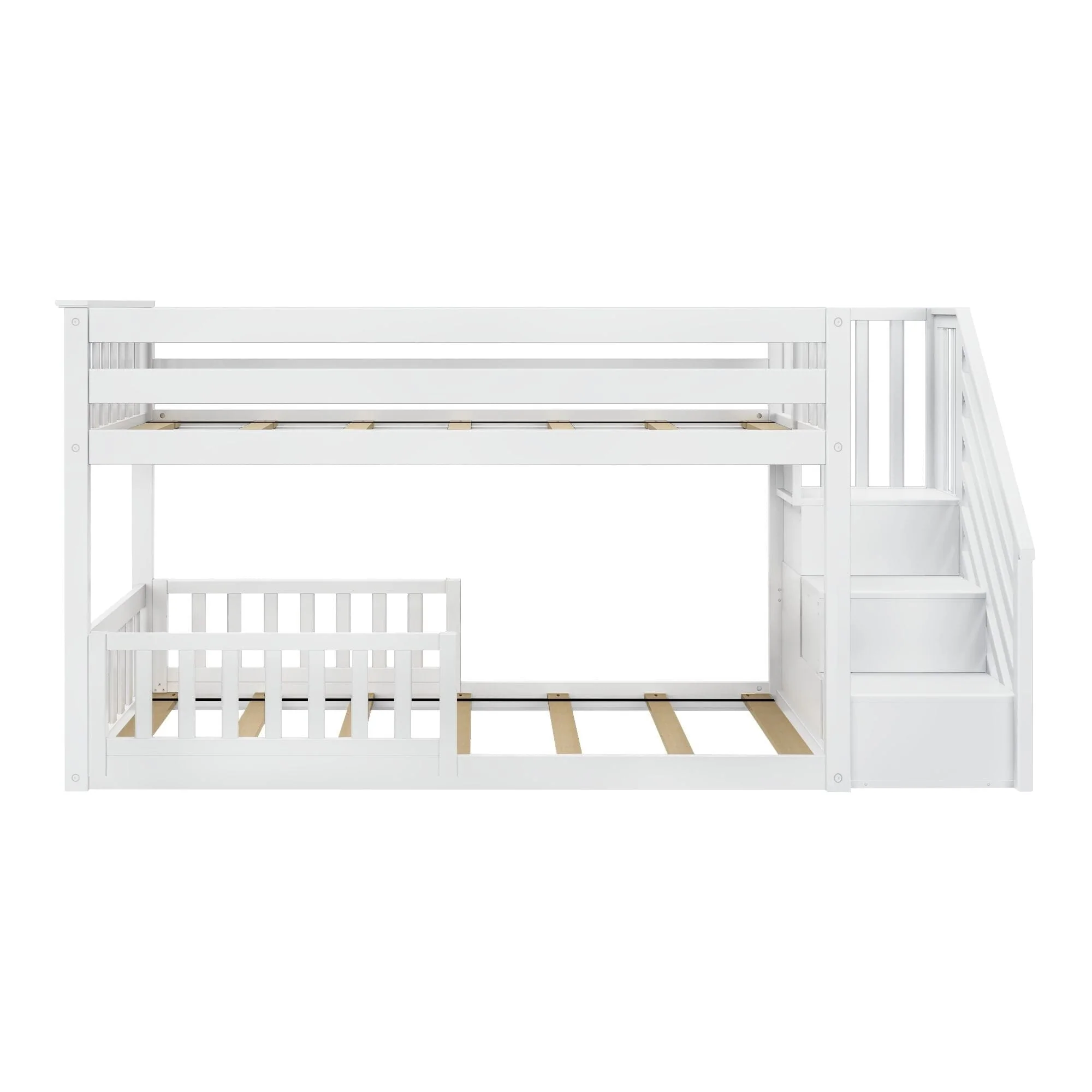 Twin Over Twin Low Bunk Bed With Stairs & Guardrails - Image 38