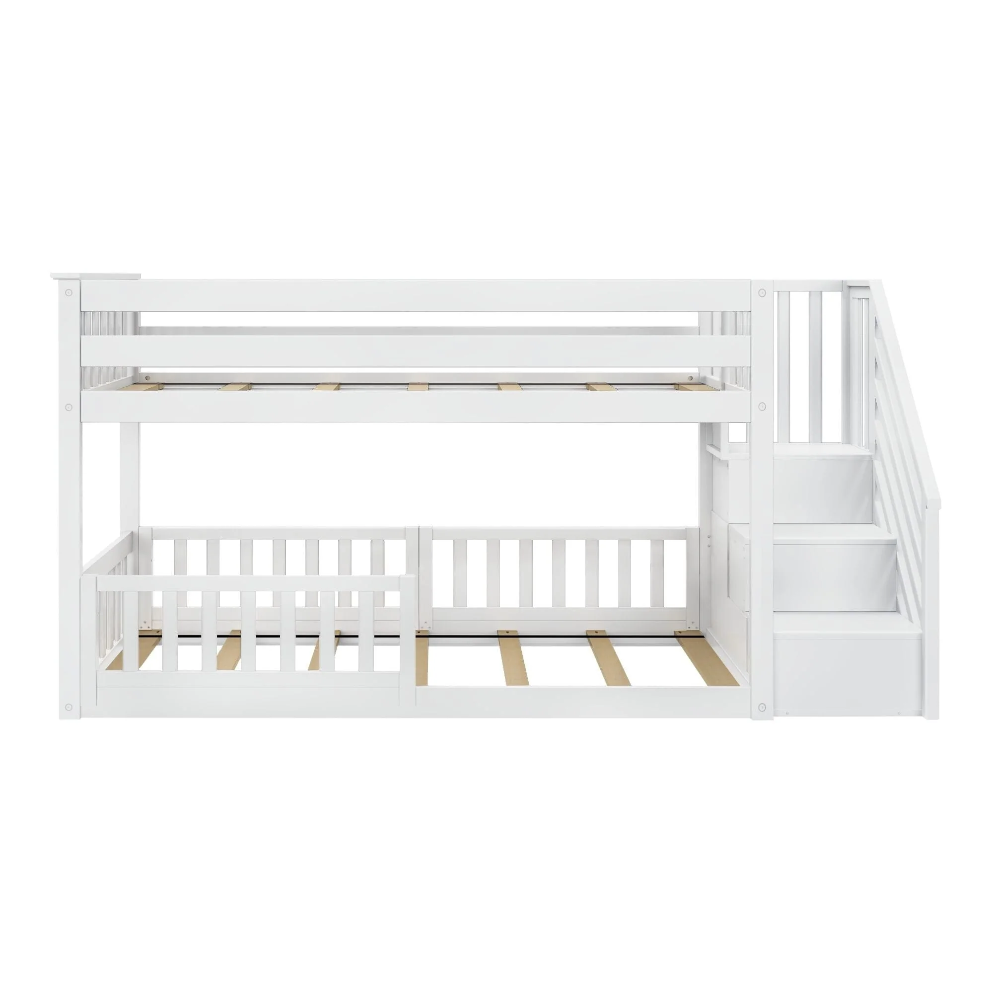 Twin Over Twin Low Bunk Bed With Stairs & Guardrails - Image 39