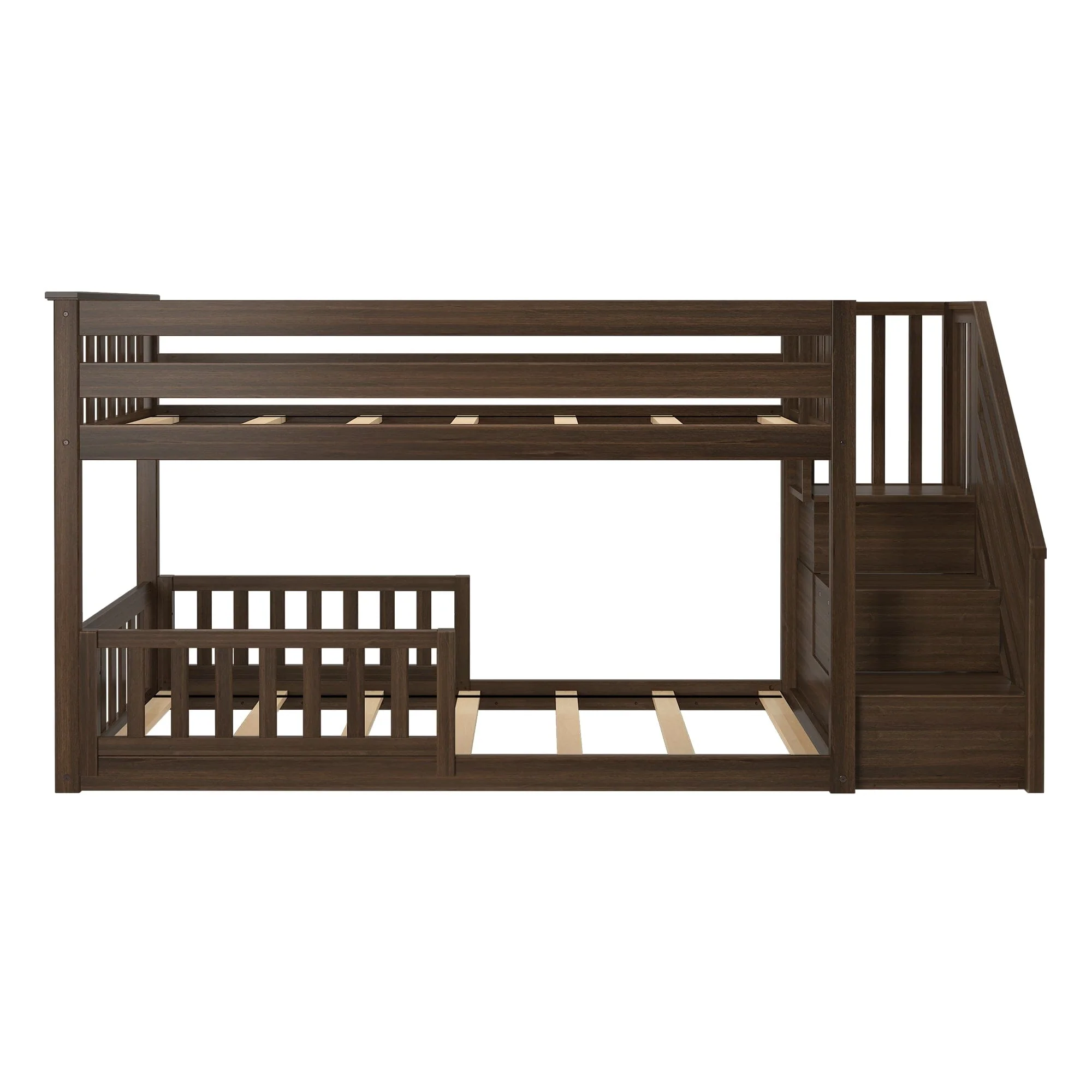 Twin Over Twin Low Bunk Bed With Stairs & Guardrails - Image 47