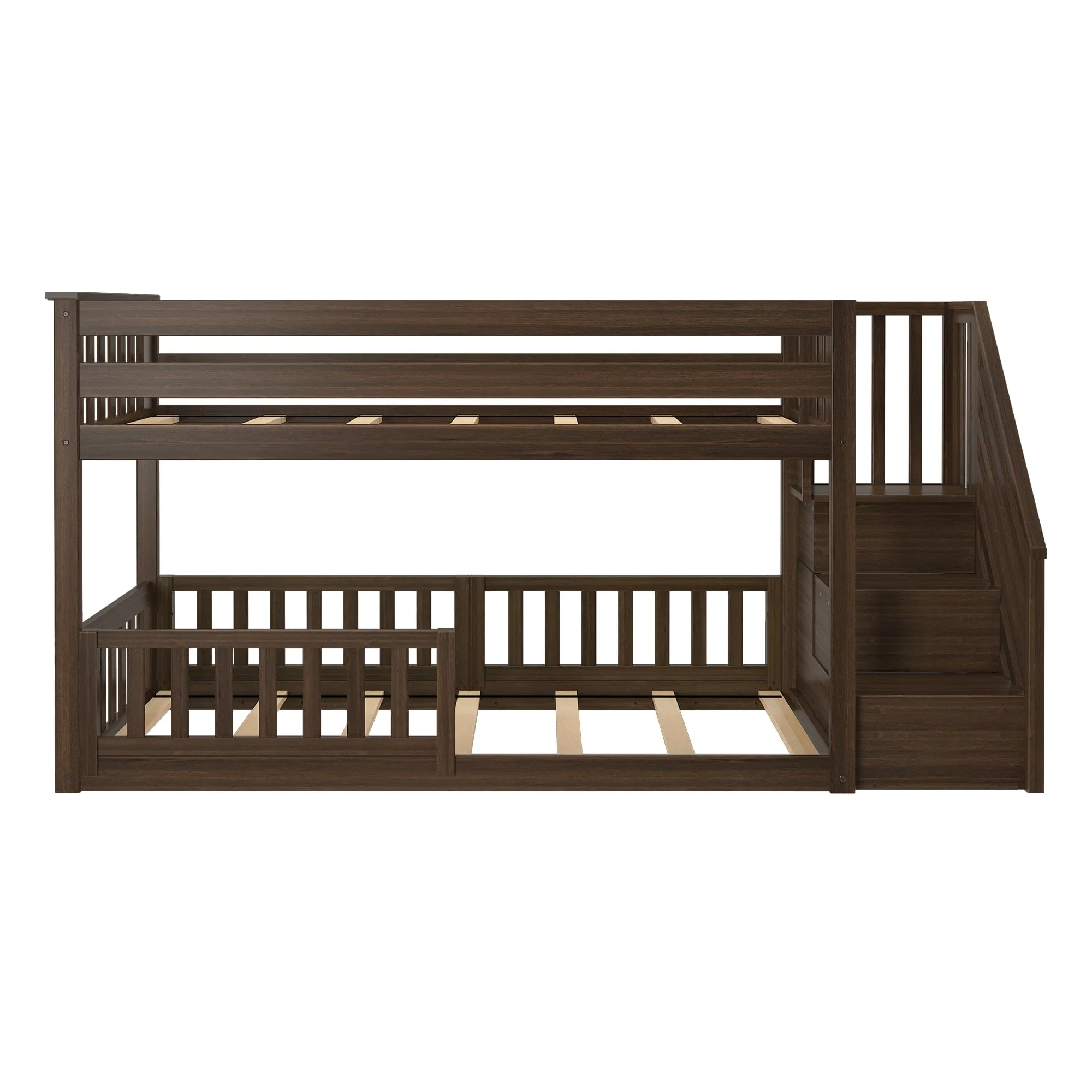 Twin Over Twin Low Bunk Bed With Stairs & Guardrails - Image 48