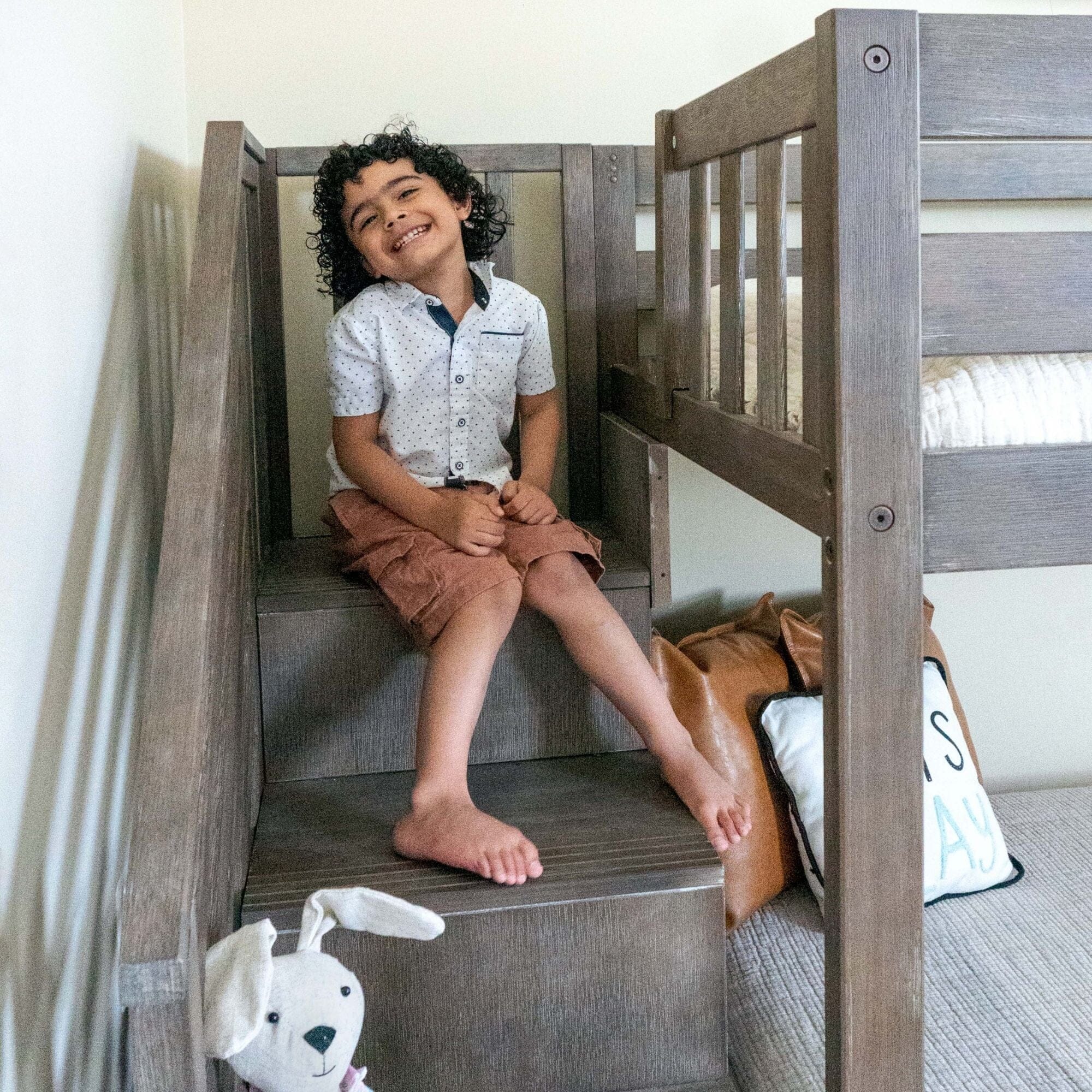 Twin Over Twin Low Bunk Bed With Stairs & Guardrails - Image 54