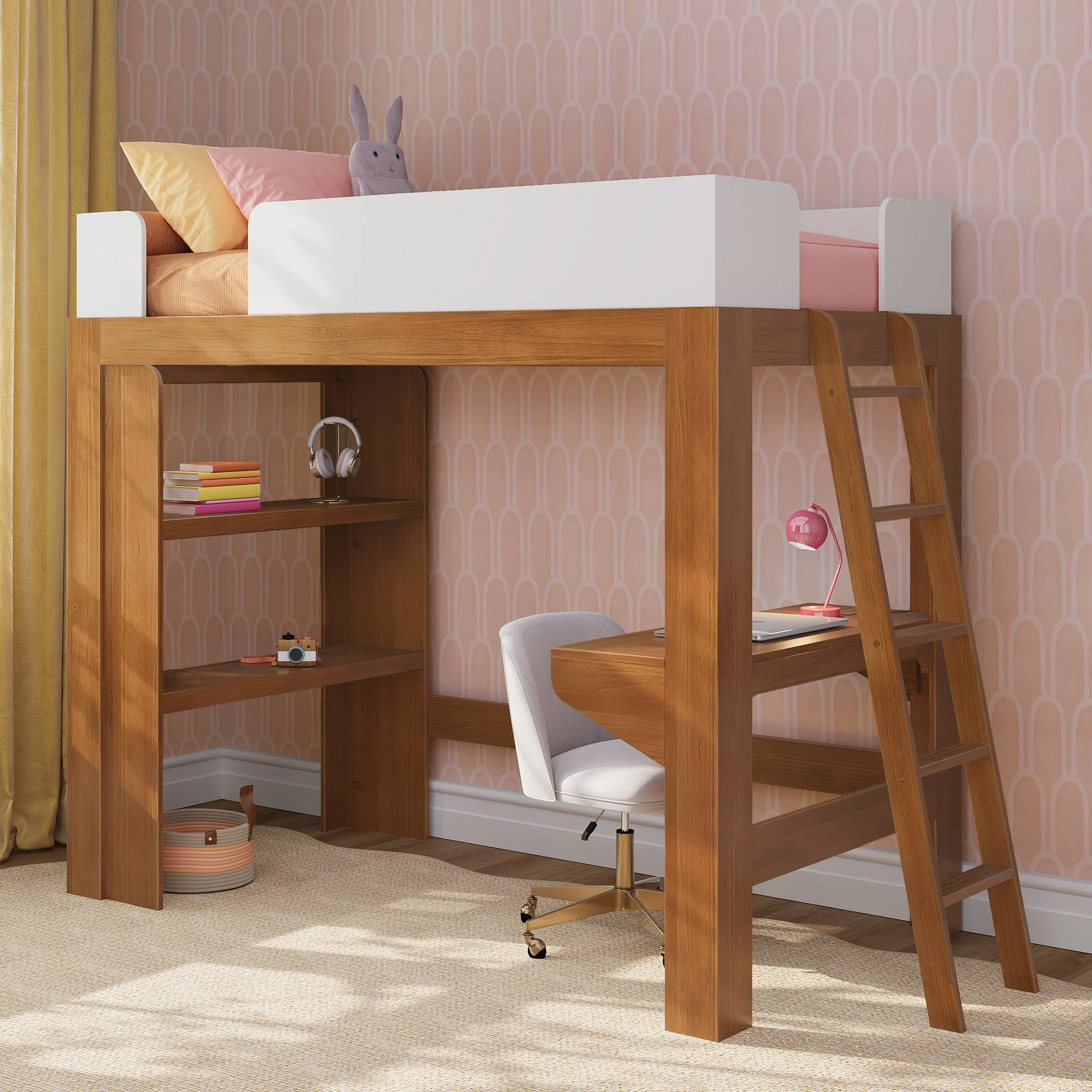 Mid-Century Modern Twin Loft Bed With Bookcase & Desk - Image 2