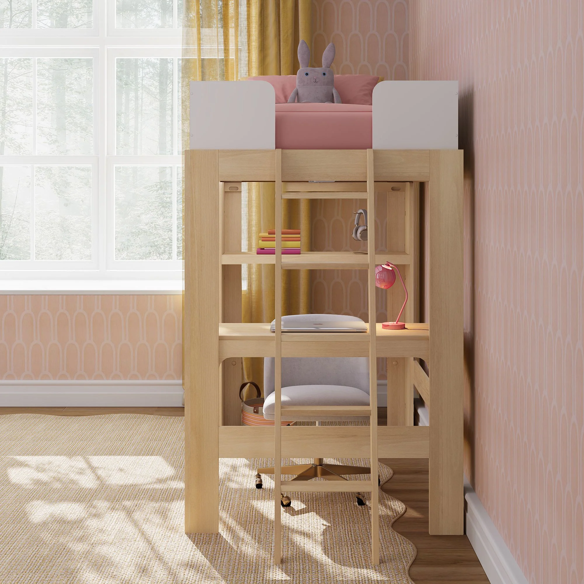 Mid-Century Modern Twin Loft Bed With Bookcase & Desk - Image 24
