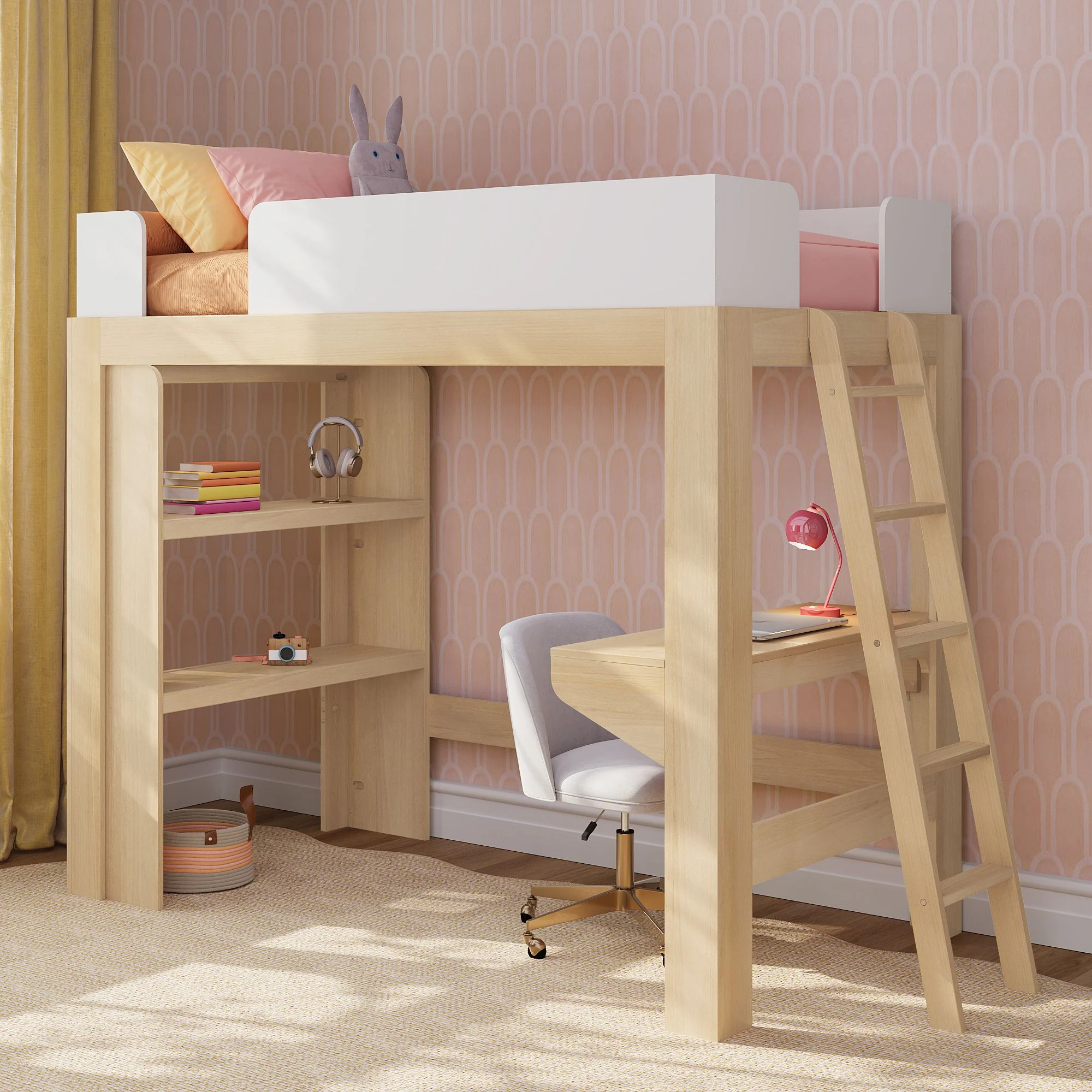 Mid-Century Modern Twin Loft Bed With Bookcase & Desk - Image 4