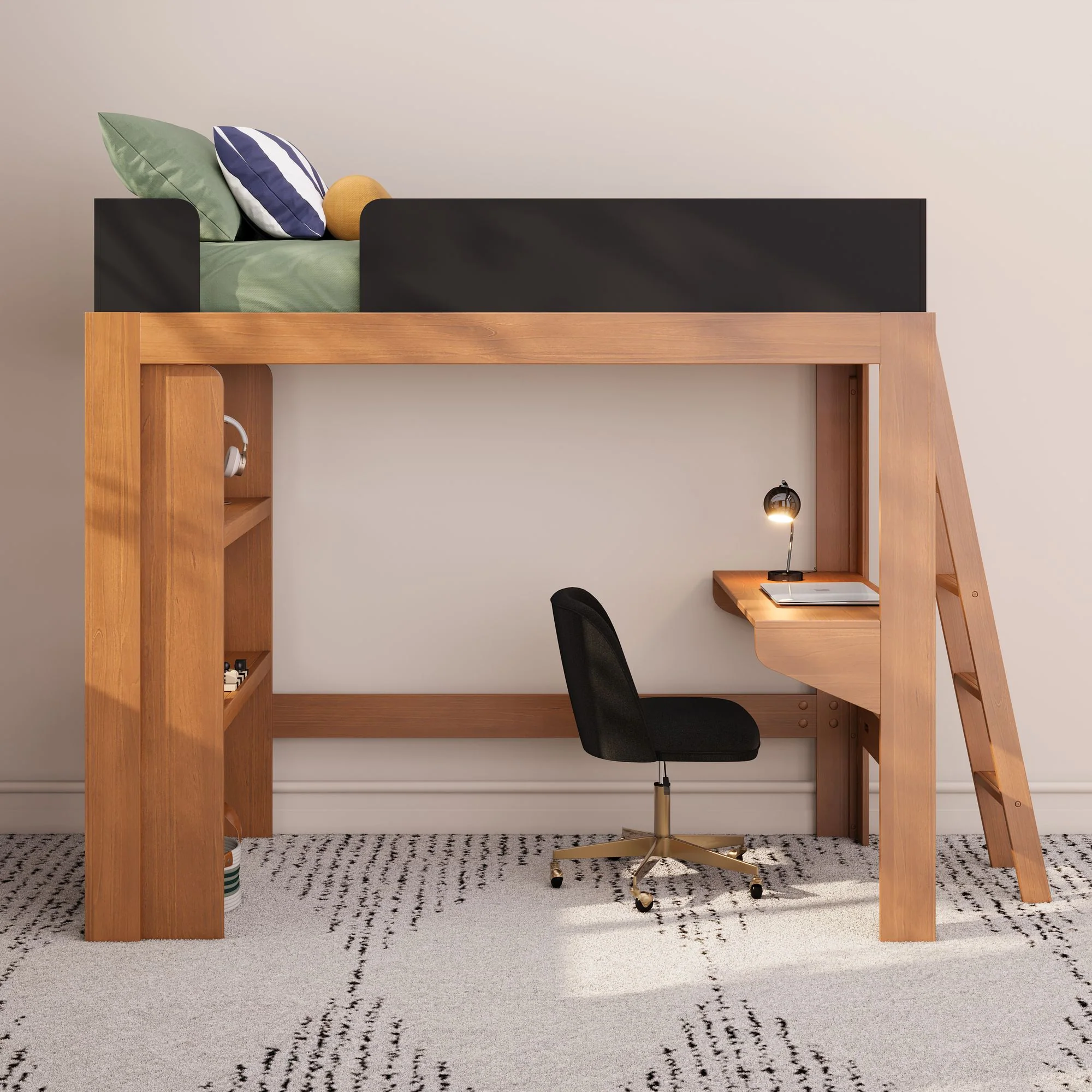Mid-Century Modern Twin Loft Bed With Bookcase & Desk - Image 7