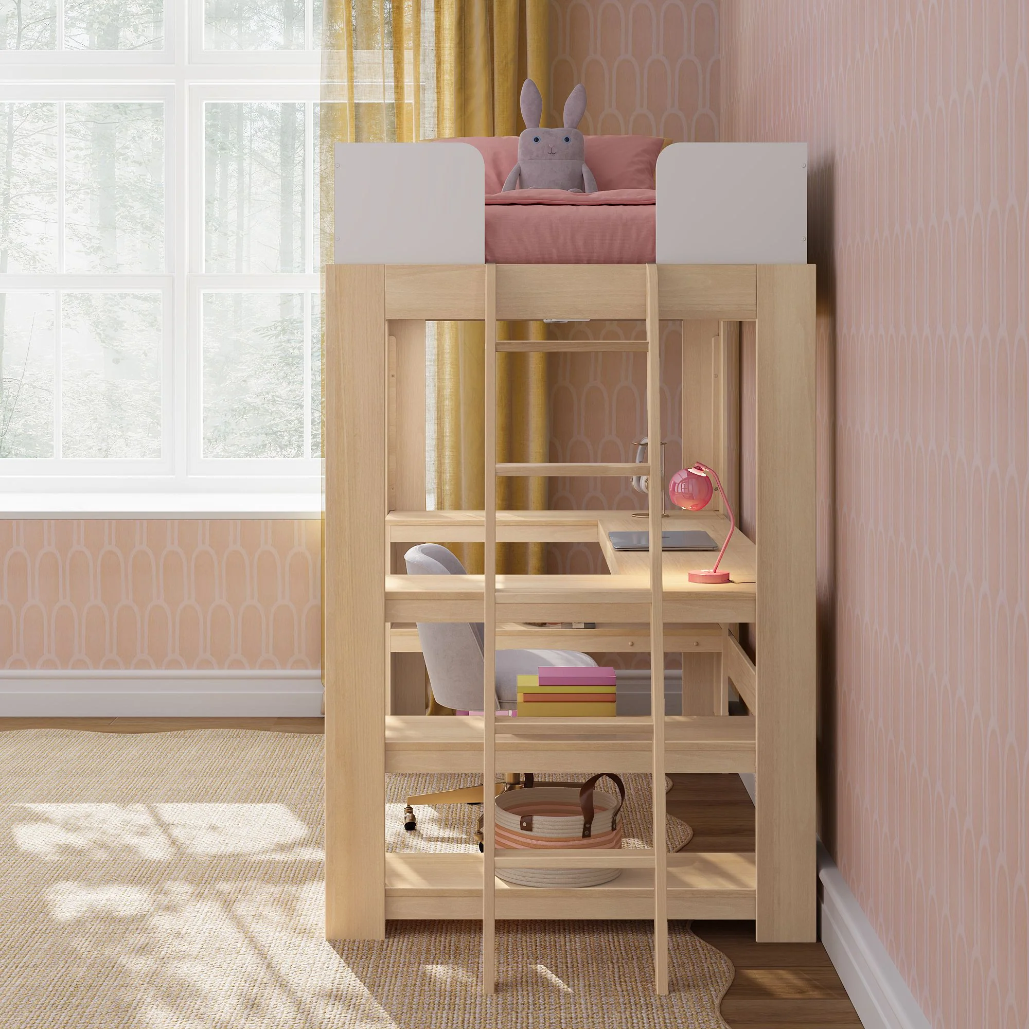 Mid-Century Modern Twin Loft Bed With Wraparound Desk - Image 22