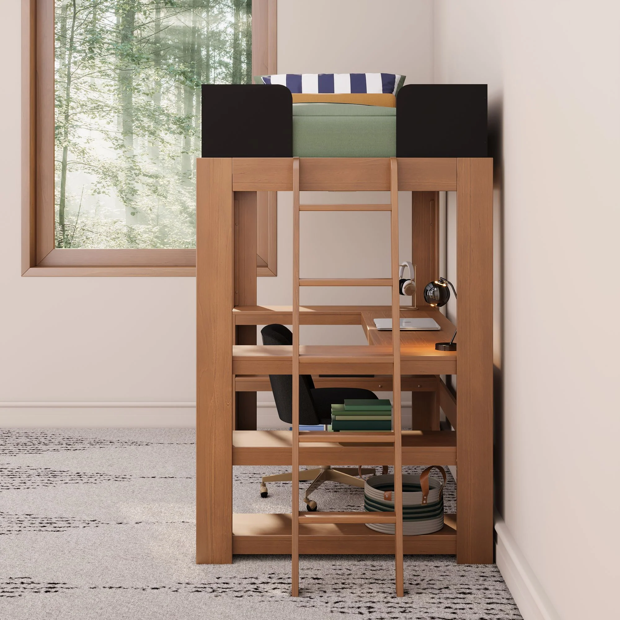 Mid-Century Modern Twin Loft Bed With Wraparound Desk - Image 23