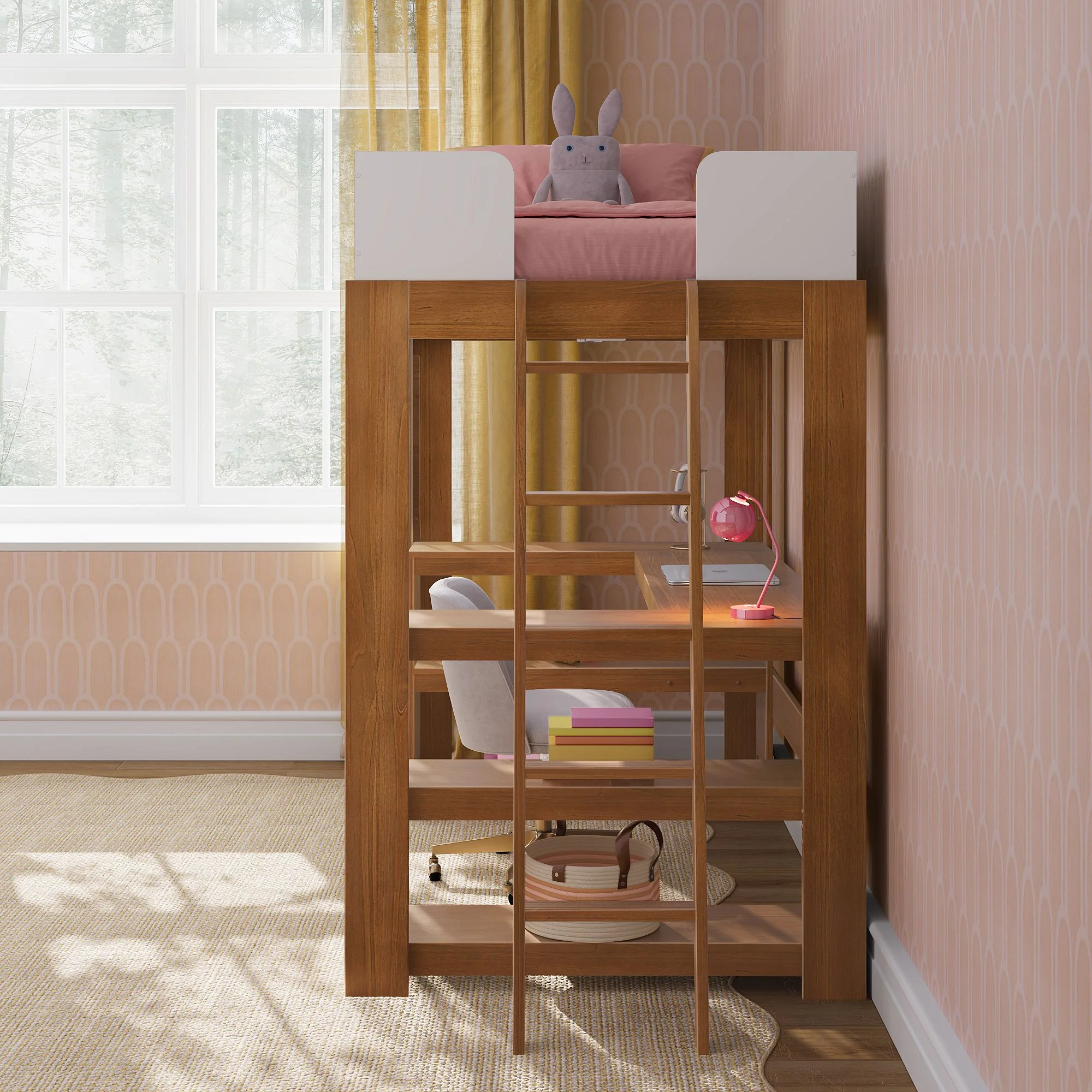 Mid-Century Modern Twin Loft Bed With Wraparound Desk - Image 24