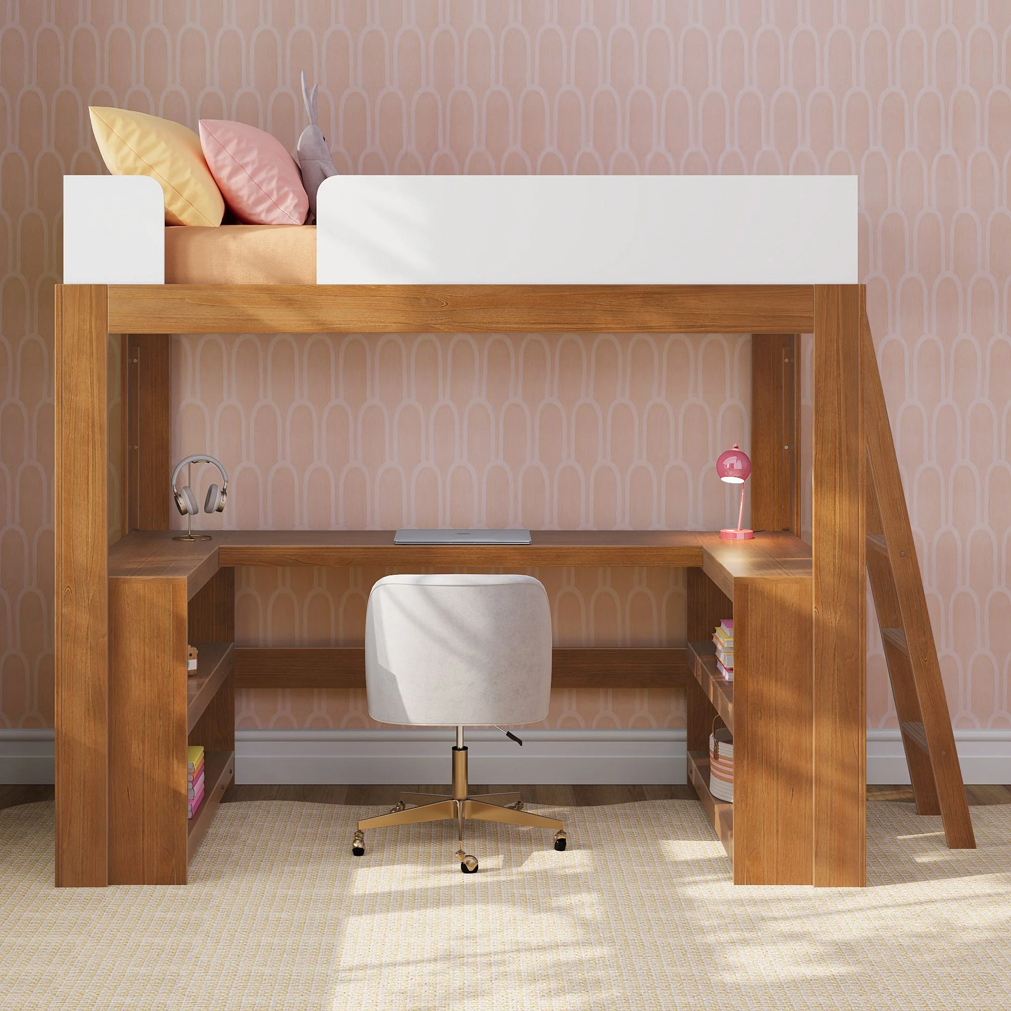 Mid-Century Modern Twin Loft Bed With Wraparound Desk - Image 8