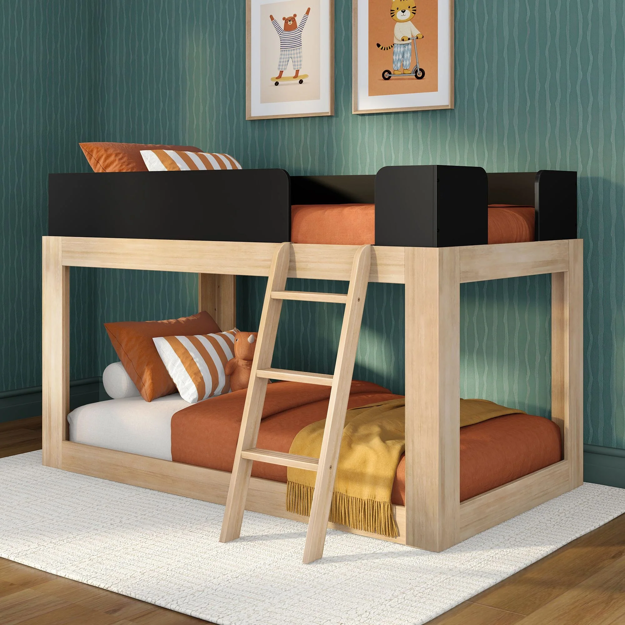Mid-Century Modern Twin Over Twin Low Bunk Bed - Image 4