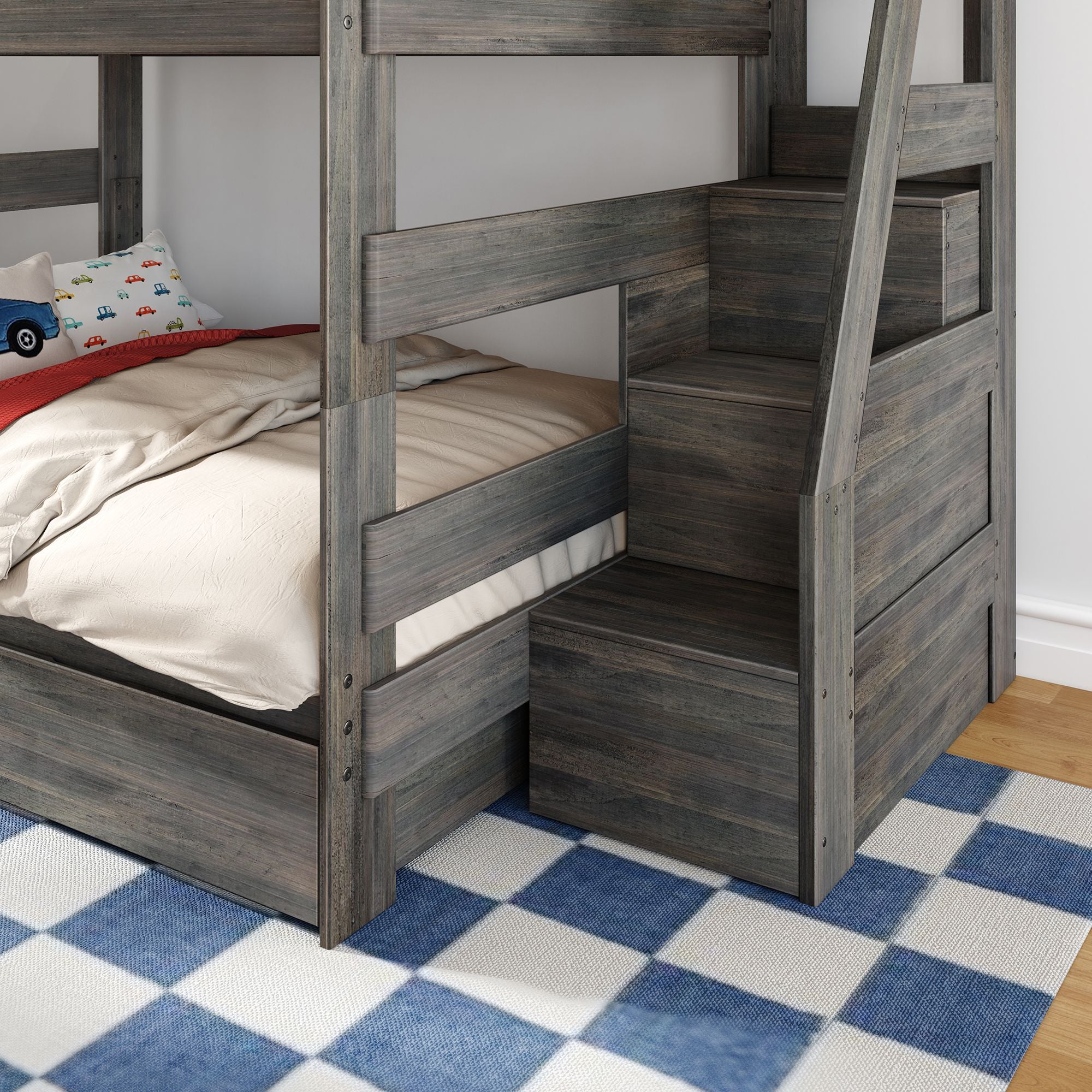 Modern Farmhouse Queen Over Queen Bunk Bed With Stairs & Storage Drawers - Image 17