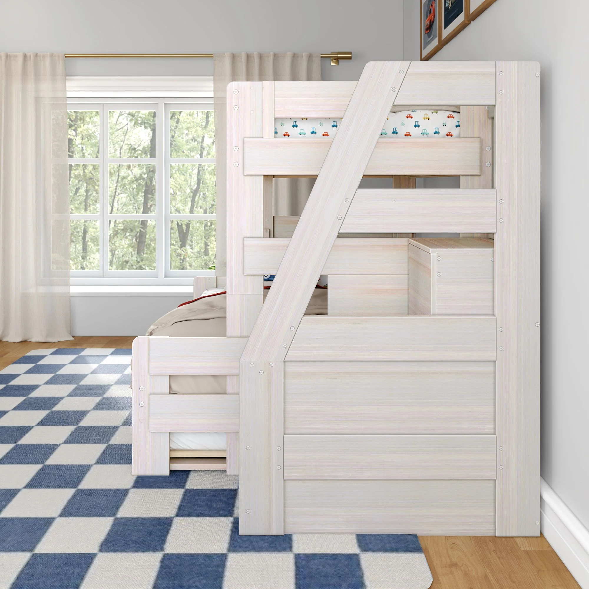 Modern Farmhouse Twin Over Full Bunk Bed With Stairs & Trundle - Image 26