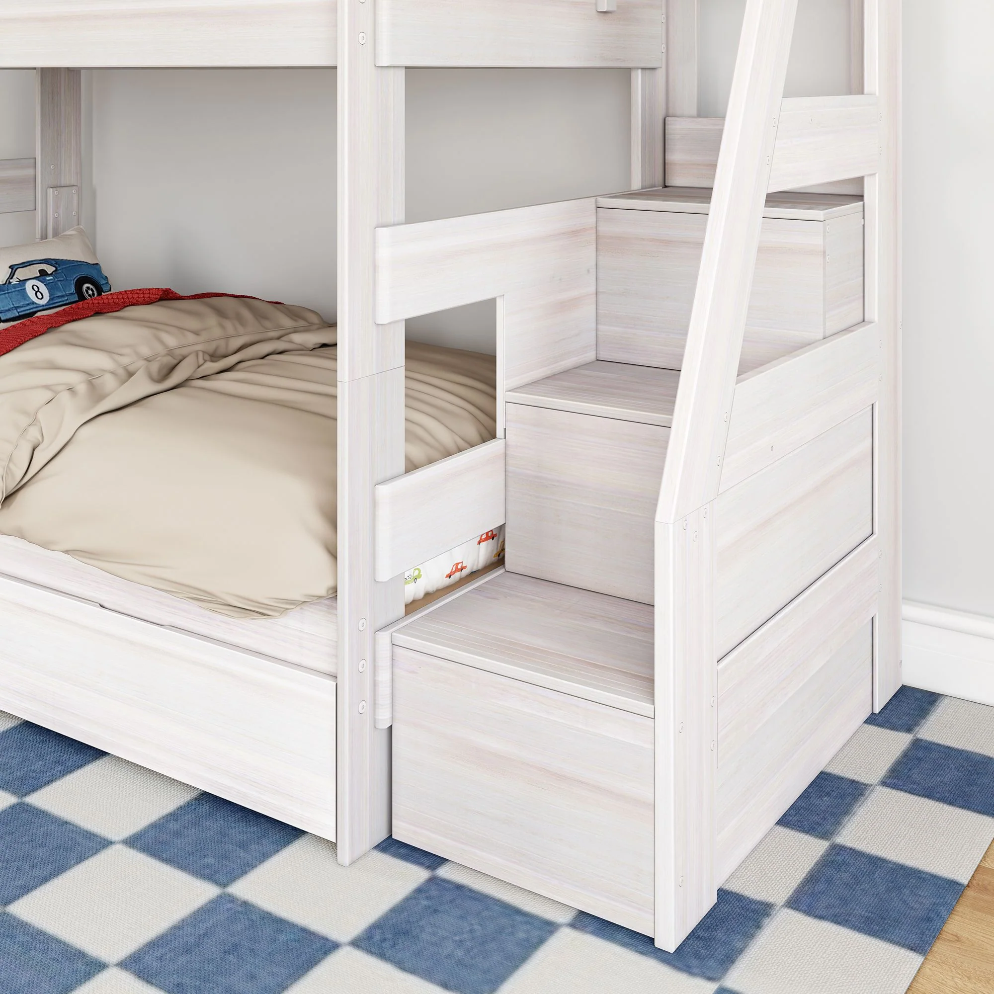 Modern Farmhouse Twin Over Twin Bunk Bed With Stairs & Storage Drawers - Image 11