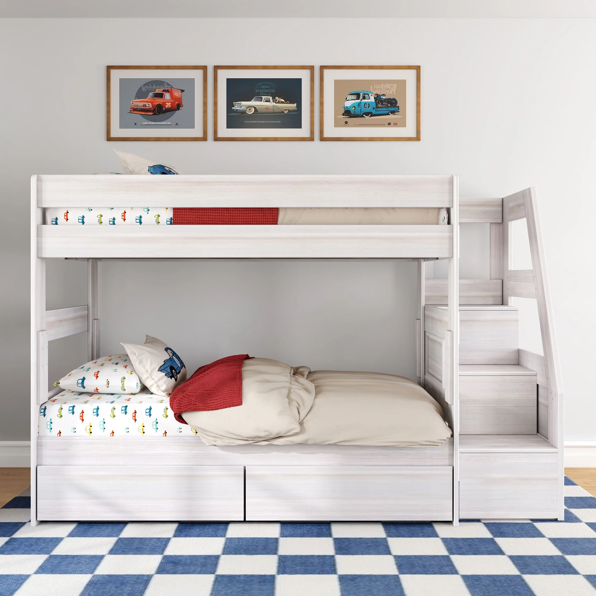 Modern Farmhouse Twin Over Twin Bunk Bed With Stairs & Storage Drawers - Image 3