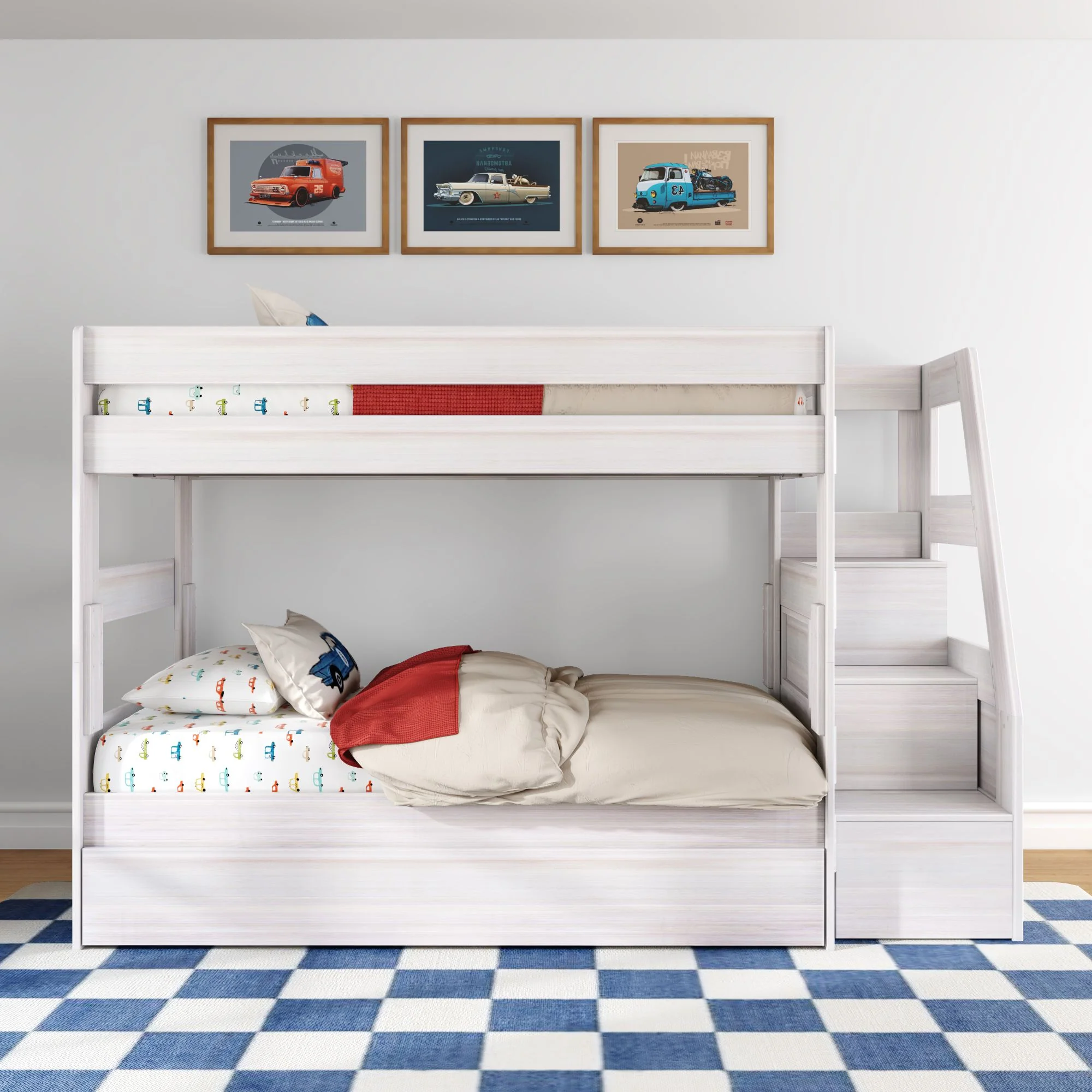 Modern Farmhouse Twin Over Twin Bunk Bed With Stairs & Trundle - Image 3