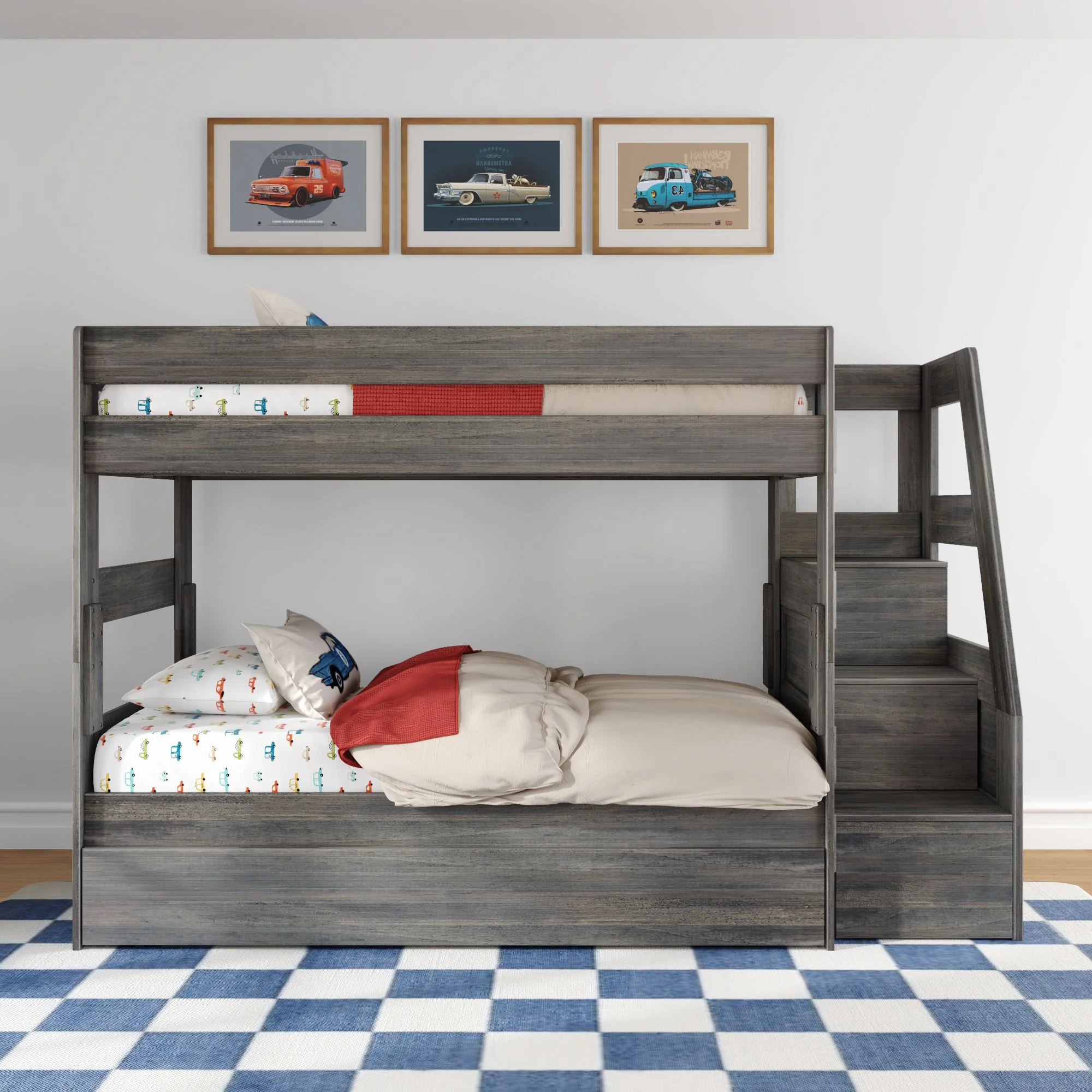 Modern Farmhouse Twin Over Twin Bunk Bed With Stairs & Trundle - Image 4