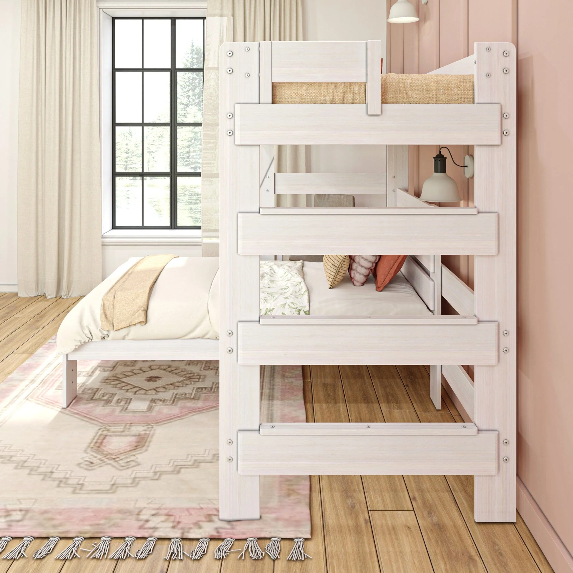 Modern Farmhouse Twin Over Twin L-Shaped Bunk Bed With Desk - Image 9